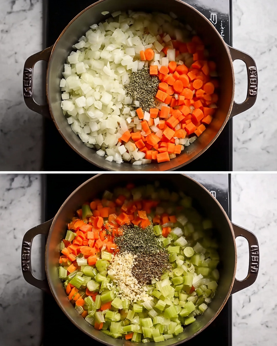 A dark cooking pot filled with three sections of vegetables in the top image: white diced onions on the left, orange diced carrots on the top right, and light green diced celery on the bottom right, all fresh and separate. In the bottom image, the same pot shows the same vegetables now softened and mixed together with small pieces of garlic and two small piles of brown dried herbs in the center. The pot is on a black stove with a white marbled textured surface around it. photo taken with an iphone --ar 4:5 --v 7