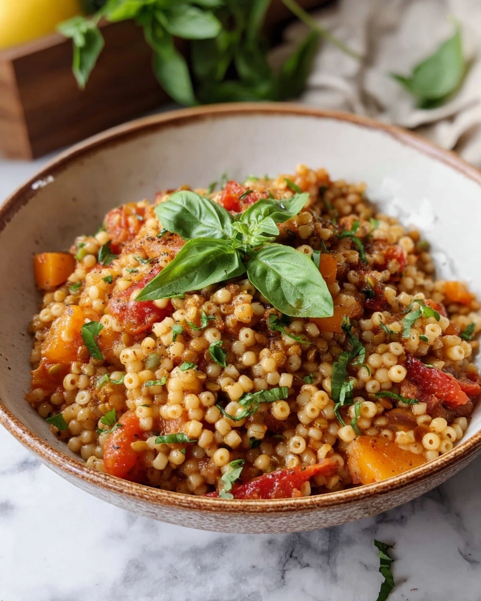 A close-up of a bowl filled with a dish made of small round pasta pieces mixed with brown lentils, orange vegetable chunks, and red tomato pieces, all coated lightly with a sauce. The dish is sprinkled with chopped green herbs and whole fresh basil leaves on top, adding a pop of green color. The bowl is white with a rustic brown rim and rests on a white marbled surface. Around the bowl, there are some fresh green herbs and a wooden container with more greenery and a lemon in the background, softly blurred. photo taken with an iphone --ar 4:5 --v 7