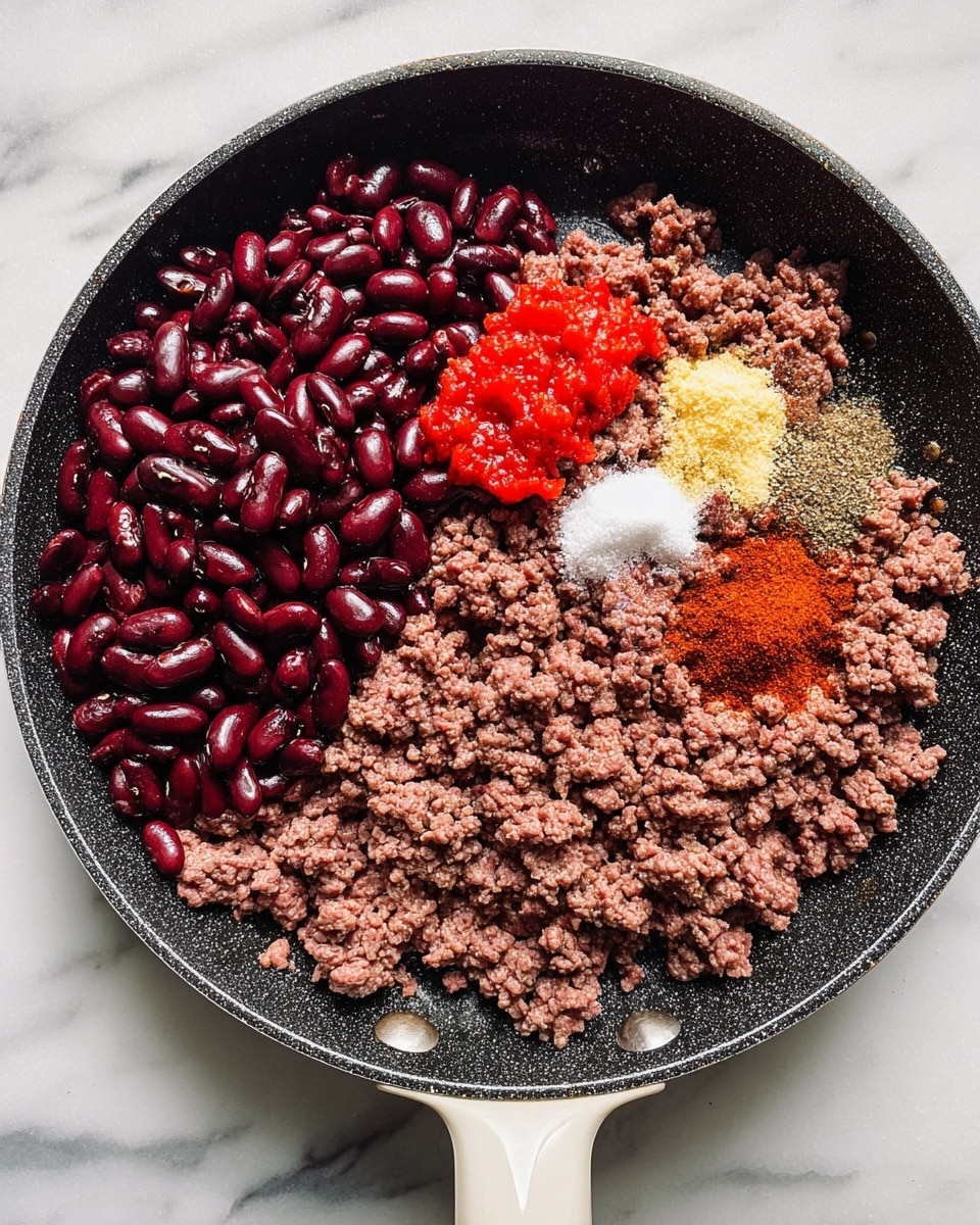 A close-up of a large black frying pan with a white handle and white edge, filled with cooked ground meat spread evenly across the bottom. On the top left side, there is a large heap of shiny dark red kidney beans. Near the top right, a bright red dollop of tomato paste sits alongside small piles of white granulated salt, light yellow garlic powder, and dark brown chili powder. A few other small piles of spices in reddish-brown and yellow shades are sprinkled over the meat around the beans and tomato paste. The pan is set on a white marbled surface. photo taken with an iphone --ar 4:5 --v 7
