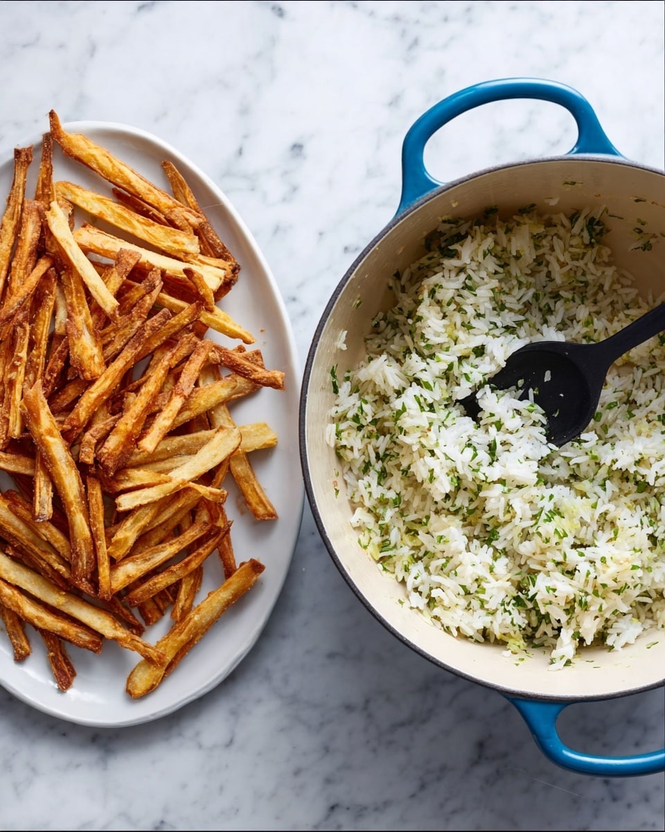 The image shows two parts side by side on a white marbled surface. On the left, there is a round white plate holding several long, thin, golden-brown crispy strips arranged loosely, some overlapping and some spread out. On the right, there is a large white pot with blue handles filled with fluffy white rice mixed with small green herbs. A black spoon is inside the pot, lifting some of the rice. The colors are natural and the texture of the rice looks soft, while the strips look crunchy. photo taken with an iphone --ar 4:5 --v 7