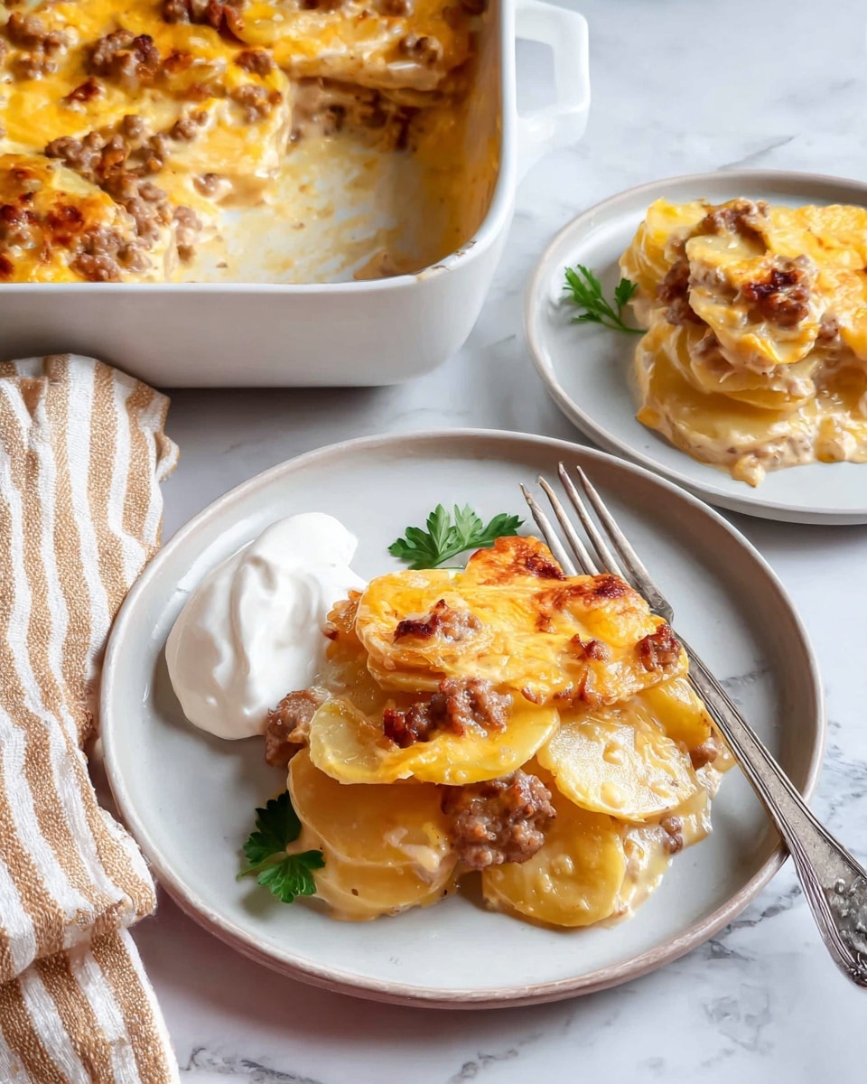 The image shows a white plate with a serving of scalloped potatoes layered three times with creamy yellow sauce and small spots of browned crumbled sausage mixed through each layer. The potatoes appear soft with a slightly glossy texture from the sauce, and the dish is accompanied by a dollop of smooth white sour cream on the side of the plate. A silver fork rests at the bottom right edge of the plate. Above the plate is a white baking dish with a similar scalloped potato dish, showing a golden baked top layer with browned edges and melted cheese. The background has a white marbled texture and a beige and white striped cloth is draped near the baking dish. Photo taken with an iphone --ar 4:5 --v 7