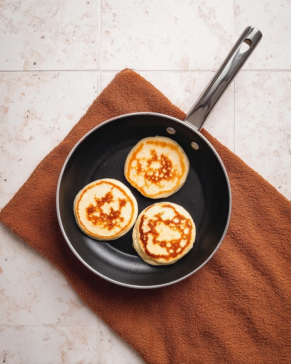 A black frying pan with a silver handle holds three small round pancakes evenly spaced inside. Each pancake has one side showing a golden brown cooked pattern with a soft, light beige edge, giving a textured look. The background consists of a folded brown cloth napkin placed on a white marbled tiled surface. photo taken with an iphone --ar 4:5 --v 7