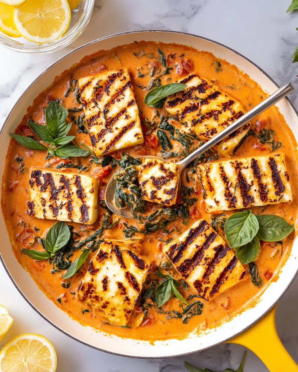 The image shows a white pan with a yellow handle placed on a white marbled surface. Inside the pan, there are six thick pieces of grilled halloumi cheese, each marked with dark brown grill lines. They are arranged on top of a creamy orange tomato-based sauce mixed with wilted green spinach leaves and small chunks of tomatoes. Fresh green basil leaves are scattered on the sauce for garnish. A spoon is lifting some sauce and spinach from the pan, adding texture to the scene. Lemon wedges are placed along the edge of the pan, and a clear bowl with more lemon slices is visible in the background. Photo taken with an iphone --ar 4:5 --v 7