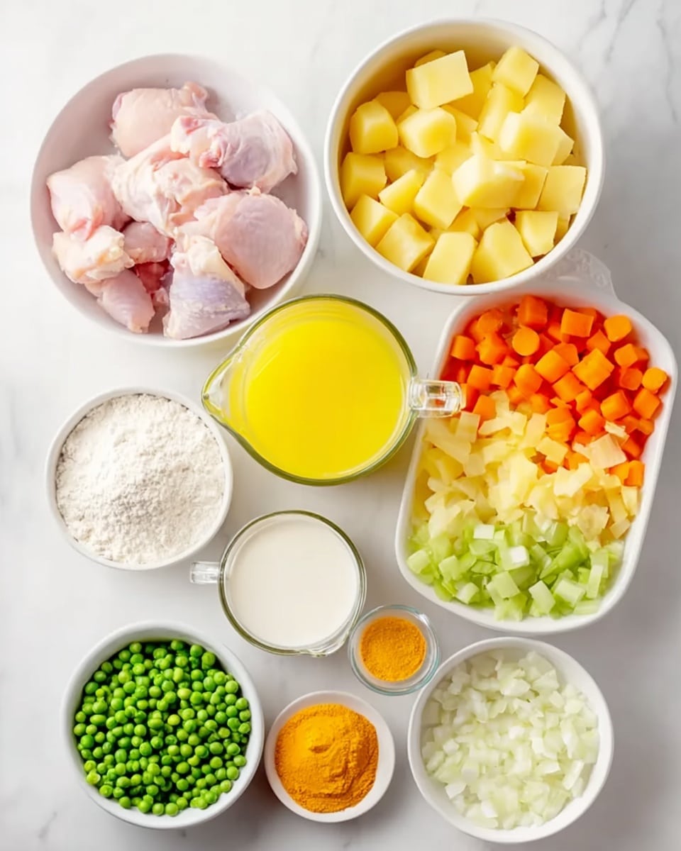 The image shows an overhead view of several white bowls arranged on a white marbled surface, each bowl containing different cooking ingredients. There is a bowl with raw pink chicken pieces, a large bowl with three layers of chopped vegetables including light yellow potatoes, orange carrots, and green celery, a small bowl of bright yellow powder, another bowl filled with white flour, and a bowl with small green peas. There is also a pitcher filled with bright yellow liquid, a small bowl with white liquid, a small bowl with a small amount of orange paste, and a bowl with finely chopped white onions. The different colors and textures are clear and separate, showing preparation for a meal. Photo taken with an iphone --ar 4:5 --v 7