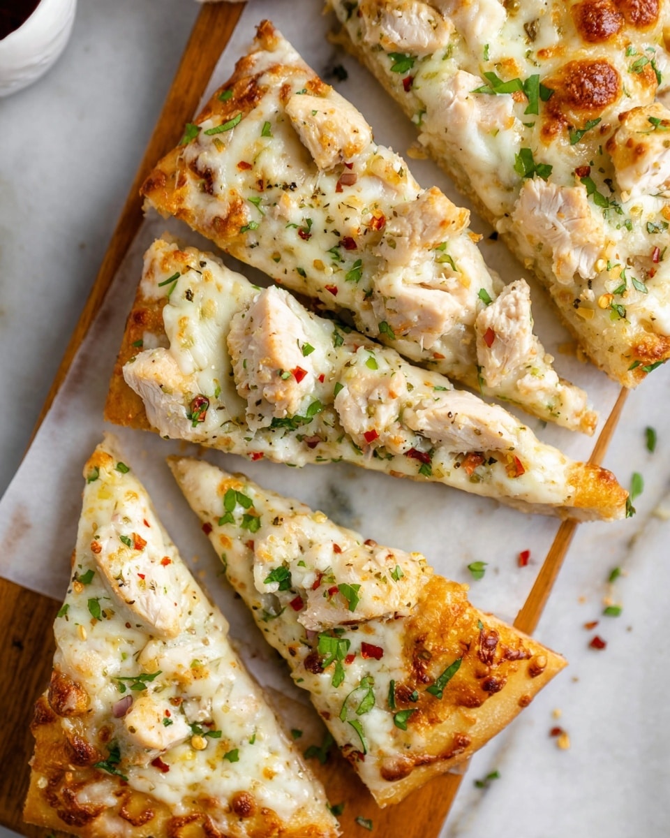 The image shows several slices of pizza on a white marbled surface, arranged on a wooden board. Each slice has three main layers: a golden-brown crispy crust at the base, a creamy white sauce with green herbs spread evenly over the crust, and chunks of cooked chicken scattered on top. The chicken pieces are white with light brown edges. A layer of melted mozzarella cheese covers the chicken, showing some browned spots and stretchiness. Small bits of chopped green herbs and red chili flakes are sprinkled over the cheese, adding color contrast. Photo taken with an iphone --ar 4:5 --v 7