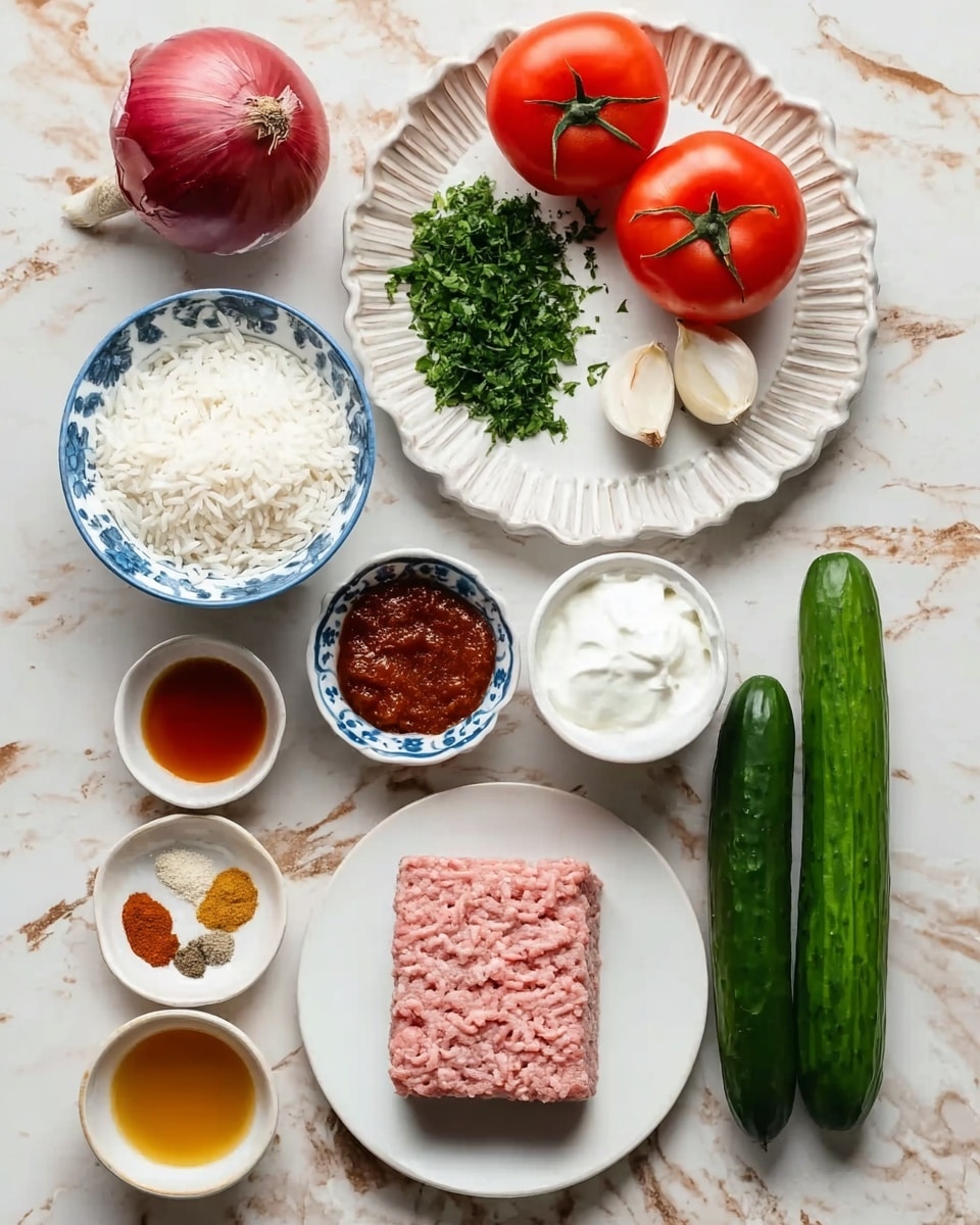 The image shows a white marbled surface with a round white tray holding various ingredients. Starting from the top left, there is a whole red onion with a smooth texture next to two red tomatoes with green stems, both sitting on a white scalloped plate filled with finely chopped green parsley and two cloves of garlic. To the right of the plate, there are two long green cucumbers with smooth skins placed parallel to each other. On the middle left, there is a small white bowl filled with white rice grains. Next to it, in a blue and white floral-patterned bowl, is a creamy white substance that looks like yogurt or sour cream. To the right of that, a small bowl holds a deep red paste with a thick texture. Below it, another small bowl shows a light amber liquid, likely some type of sauce or oil. Nearby, a small white bowl contains a mix of dry spices in brown, yellow, and orange hues. Toward the bottom center, a white plate contains a neat rectangular block of ground meat with a pinkish color and soft texture. Lastly, below the plate, there is a small white bowl filled with finely chopped white onions, and next to it is a small bowl with a dark amber liquid, possibly tea. The items are neatly arranged and the scene has natural light, creating soft shadows. Photo taken with an iphone --ar 4:5 --v 7