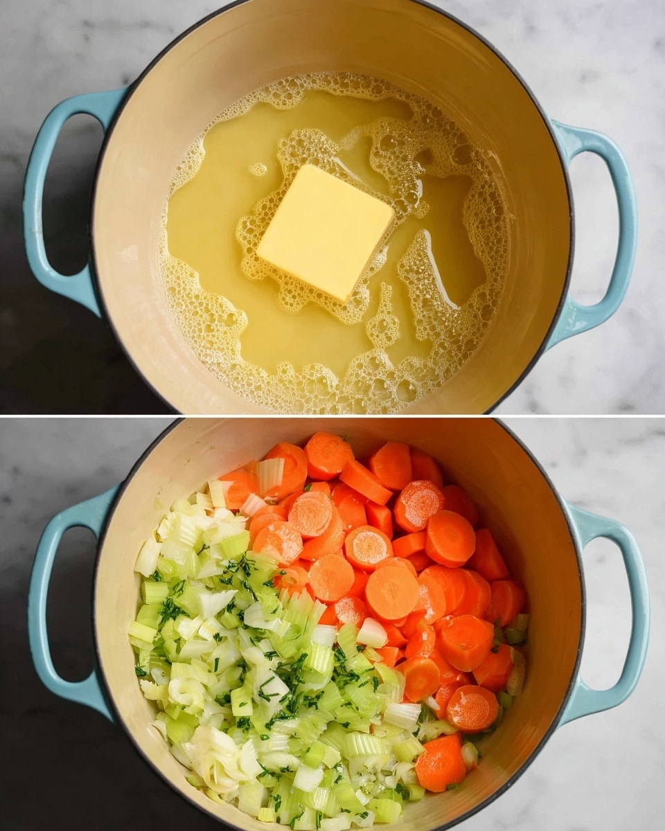 A round light blue pot with beige inside is shown in two stages. In the first stage, a yellow square of butter is melting in the middle with bubbles forming around it. In the second stage, the melted butter covers the bottom, and on top of it are two layers of vegetables: bright orange round carrot slices on the right and chopped green celery and light green and white leek pieces on the left. The pot sits on a white marbled surface. Photo taken with an iphone --ar 4:5 --v 7