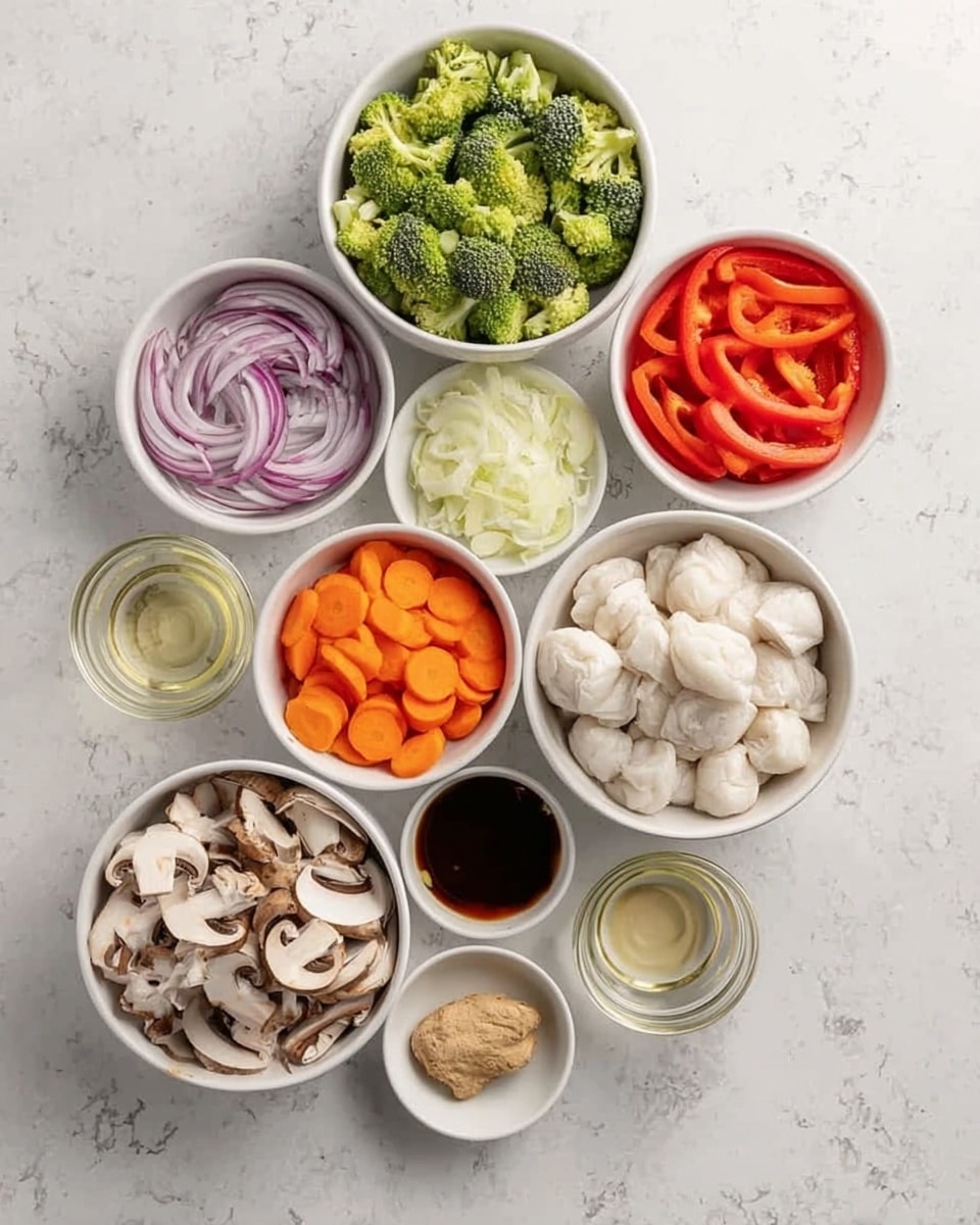 The image shows a white marbled surface with nine white bowls arranged mostly in a circular shape, each containing a different ingredient. At the center is a bowl filled with white dumplings. Below and to the right of it, there is a bowl with light brown sliced mushrooms. To the left of the mushrooms is a bowl of thinly sliced red onions. Above the onions is a bowl of sliced orange carrots. At the top center is a bowl filled with small broccoli florets. On the top right is a bowl of red bell pepper strips. Below the red pepper is a small clear bowl with a light liquid, likely oil or vinegar. Between the mushrooms and the liquid is a small bowl with a dark brown sauce, and next to the carrots is a small bowl filled with a beige paste, likely ginger or garlic. All bowls are white and the background is a white marbled texture. Photo taken with an iphone --ar 4:5 --v 7