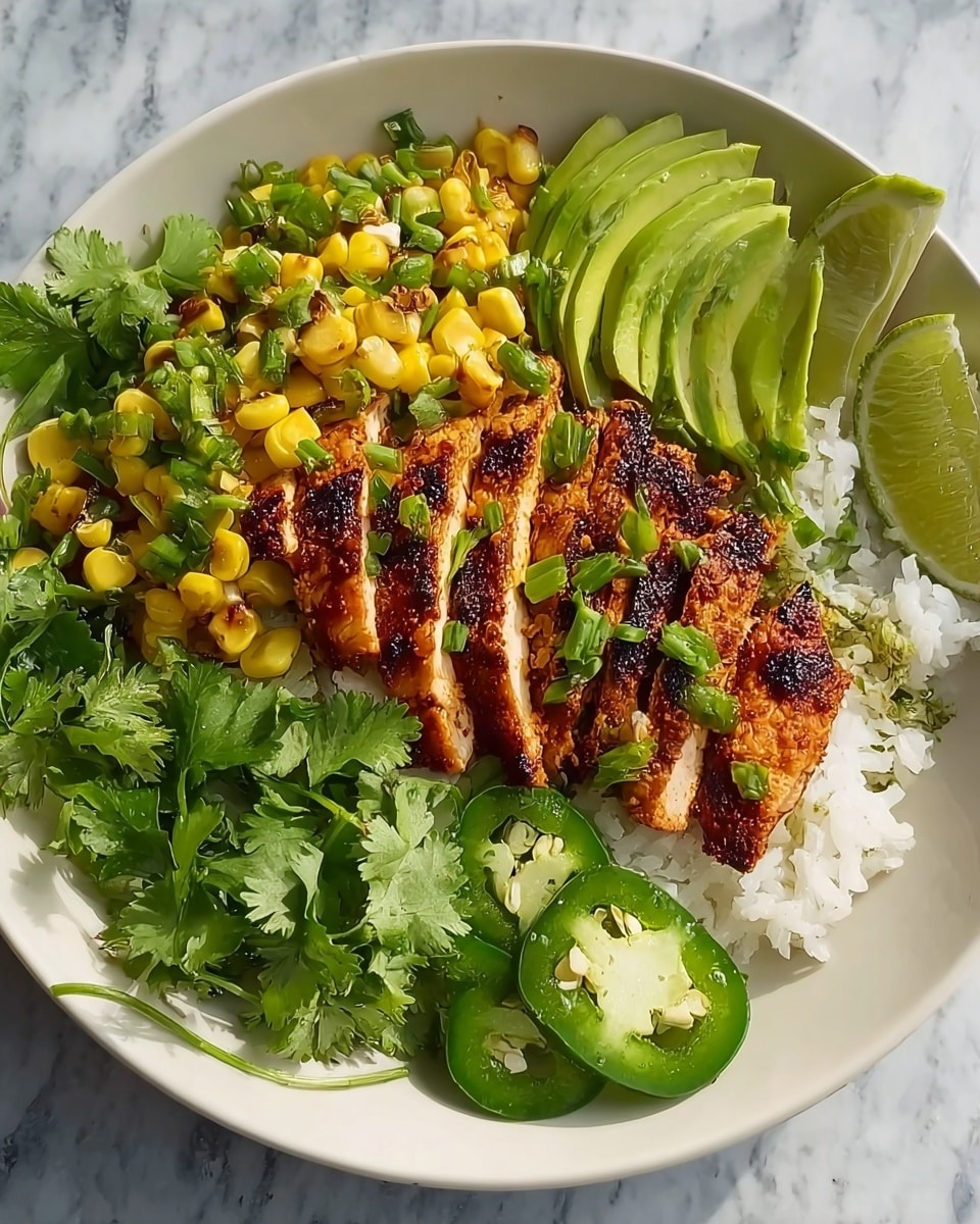 The dish shows a bowl filled with white rice as the base layer. On top of the rice, there are slices of grilled chicken with a reddish-brown grilled texture, arranged in the center. Around the chicken, there is a topping of yellow corn mixed with small green herbs and chopped scallions. On one side of the bowl, there are thinly sliced light green avocado slices fanned out, and a few slices of bright green jalapeño peppers placed nearby. Fresh green cilantro leaves cover one side of the bowl, and there are lime wedges with a pale green color placed on opposite sides. The bowl is white, set on a white marbled surface. The photo taken with an iphone --ar 4:5 --v 7