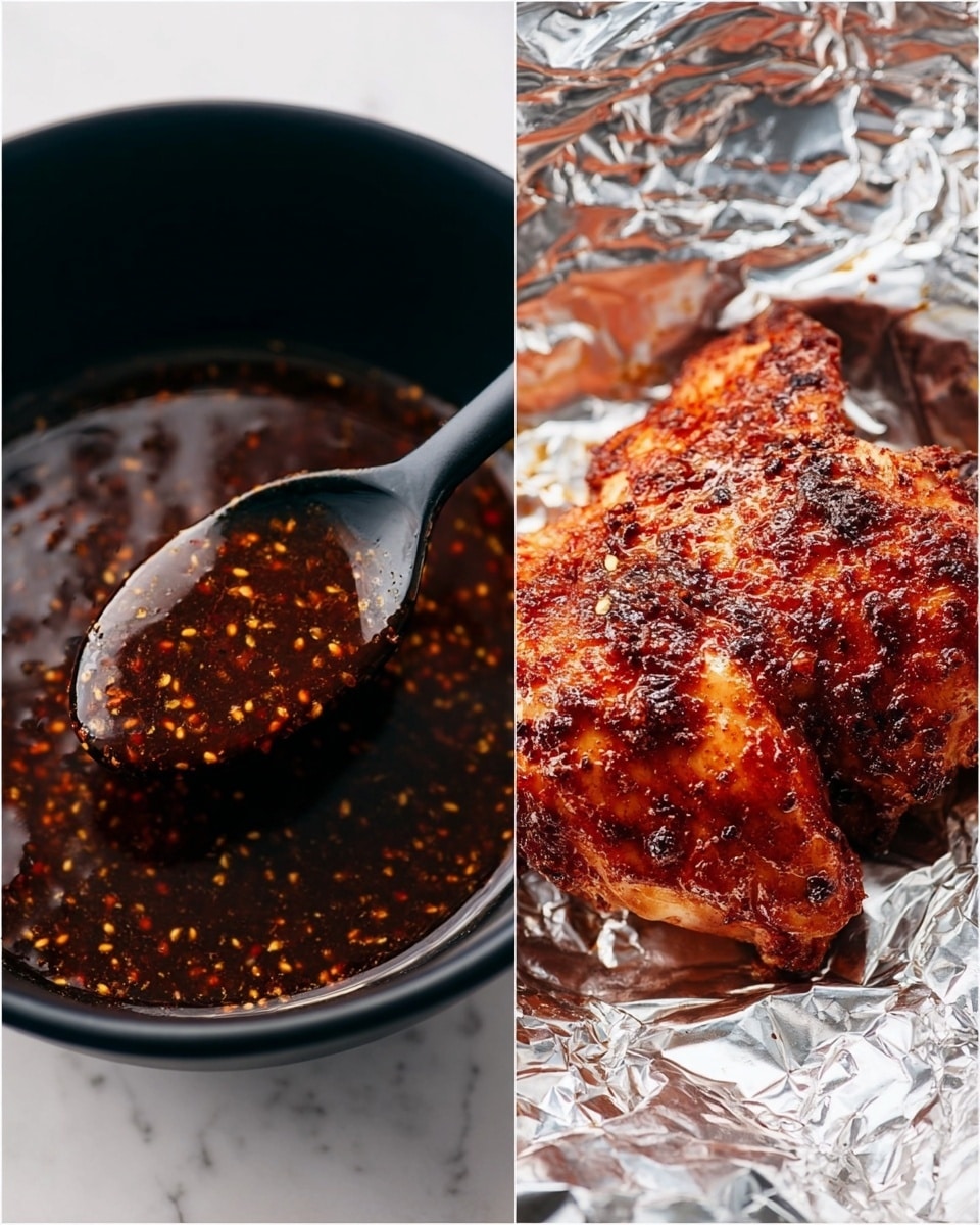 The image shows two side-by-side photos. On the left, there is a black bowl filled with a shiny dark reddish-brown sauce with visible spices and seeds, and a black spoon lifting some of the sauce. On the right, there is a cooked piece of chicken with a crispy reddish-brown, spicy-looking coating, sitting on shiny silver foil that reflects light. The chicken's texture looks slightly rough and charred in spots. Both photos are set on a white marbled surface. Photo taken with an iphone --ar 4:5 --v 7