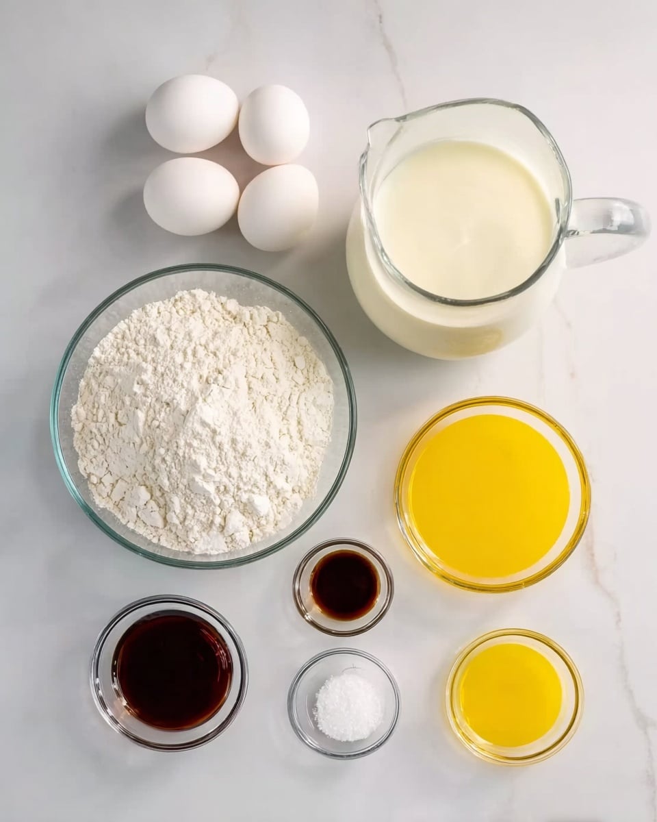 The image shows a white marbled surface with seven glass bowls arranged neatly in two rows. The top row has a bowl with three white eggs on the left, a bowl full of white flour on the right, and in the middle, a large glass jug filled with creamy white milk. The bottom row contains four small glass bowls with a finer white powder, dark brown vanilla extract, a small amount of white salt, and two separate bowls with golden yellow oil and orange juice, all shining clearly under the light. Photo taken with an iphone --ar 4:5 --v 7