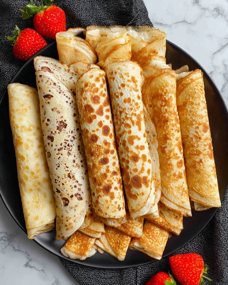 A black plate filled with rolled crepes arranged in two layers: a bottom layer of smaller crepes placed side by side with light golden color and smooth texture, and a top layer with seven longer crepes featuring a mix of light beige and golden-brown spots, showing a slightly lacy and browned pattern. The crepes are neatly stacked to cover the plate fully. Three bright red strawberries with green leaves are placed around the plate, resting on a dark cloth that contrasts with the white marbled background. Photo taken with an iphone --ar 4:5 --v 7