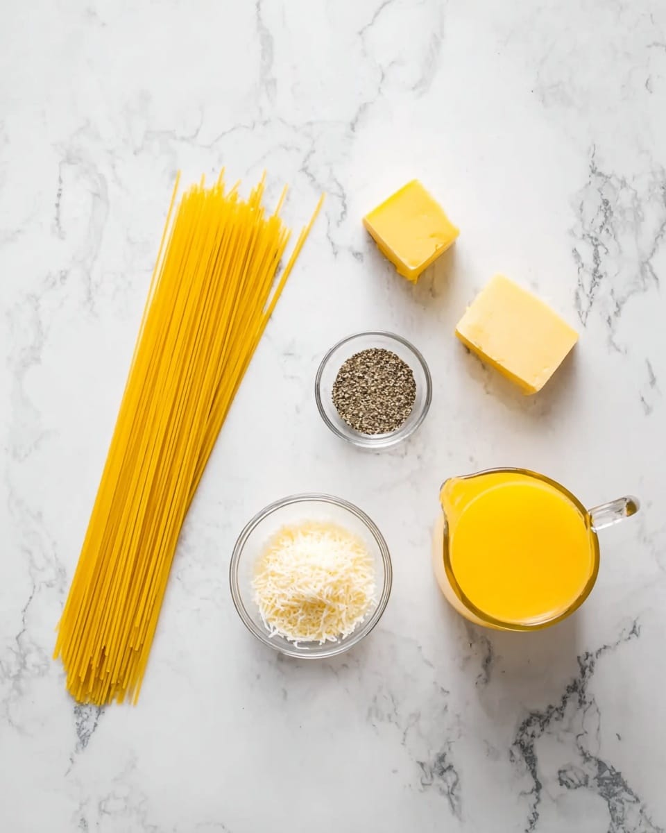 The image shows a white marbled surface with six cooking items placed spread out. On the left, there is a bundle of uncooked yellow spaghetti noodles lying flat. Near the top center, there is a small square piece of yellow butter. In the middle center, there is a small round glass bowl with a mix of black and white pepper. Below that, a small round glass bowl contains grated white cheese. On the right side, there is a small round glass bowl filled with black pepper. At the far right, there is a clear glass jug filled with yellow liquid, likely broth. The arrangement is clean and spaced out on the white marbled background photo taken with an iphone --ar 4:5 --v 7