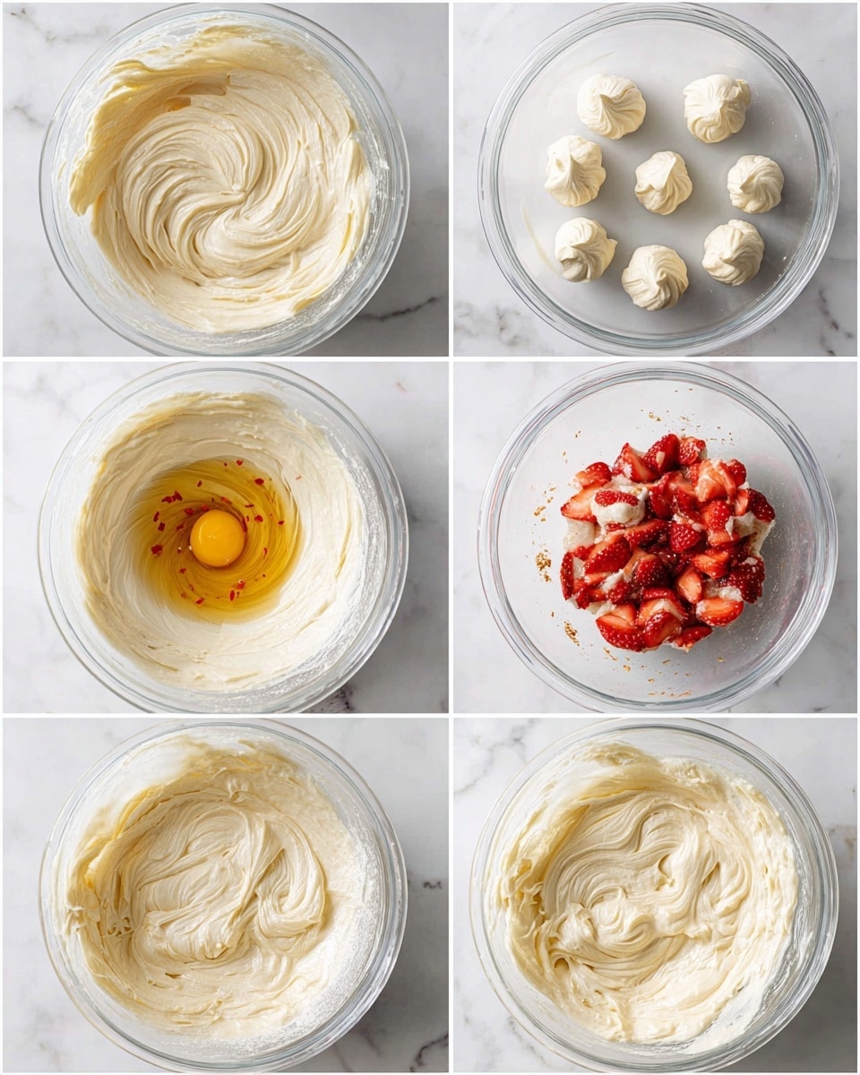 The image shows six close-up views of a clear glass bowl with thick cream-colored batter on a white marbled surface. The batter changes texture and content in each photo: the first shows smooth creamy batter with swirls, the second has small dollops of batter piped or scooped on parchment paper, the third shows the batter being mixed, the fourth has an egg yolk and dark vanilla liquid added on top of the thick batter, the fifth shows the batter mixed smoothly, and the sixth has the batter with small, bright red chopped strawberries mixed inside. Photo taken with an iphone --ar 4:5 --v 7