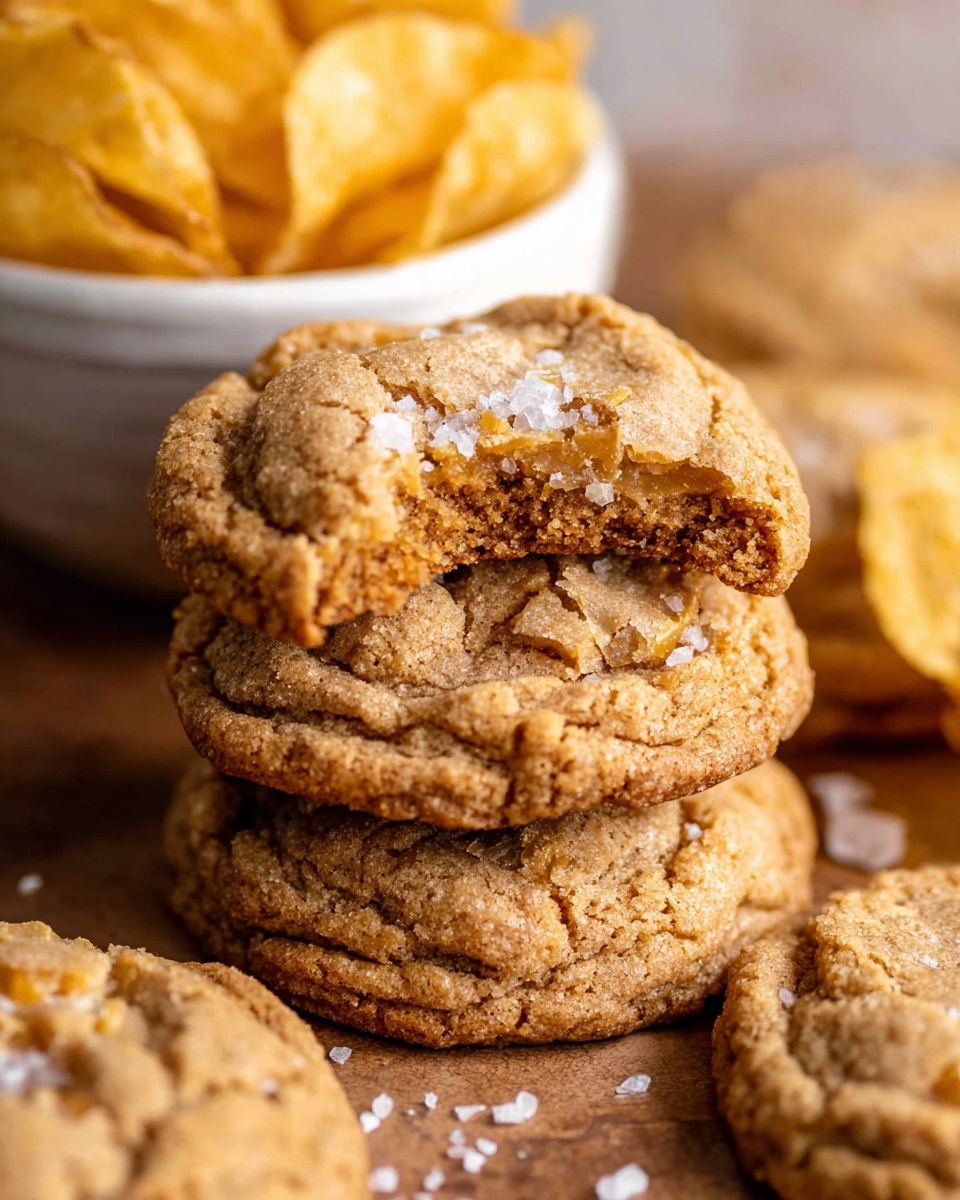 The image shows a stack of three thick cookies in the center, each with a golden-brown color and a rough, crumbly texture. The top cookie has a bite taken out of it, revealing a softer, slightly chewy inside with small pieces embedded in the dough. The cookies have a sprinkle of coarse salt on top, adding a slight sparkle. In the background, there is a white bowl filled with golden potato chips and more cookies scattered around on a warm-toned wooden surface replaced by white marbled texture. photo taken with an iphone --ar 4:5 --v 7