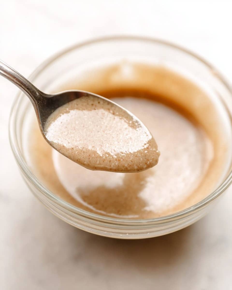 A close-up image shows a glass bowl filled with a light brown, creamy mixture that has a smooth and slightly thick texture. A metal spoon is dipped into the mixture, holding some of it with a shiny surface reflecting light. The bowl is placed on a white marbled surface, and the background is softly blurred to focus on the mixture and spoon. photo taken with an iphone --ar 4:5 --v 7