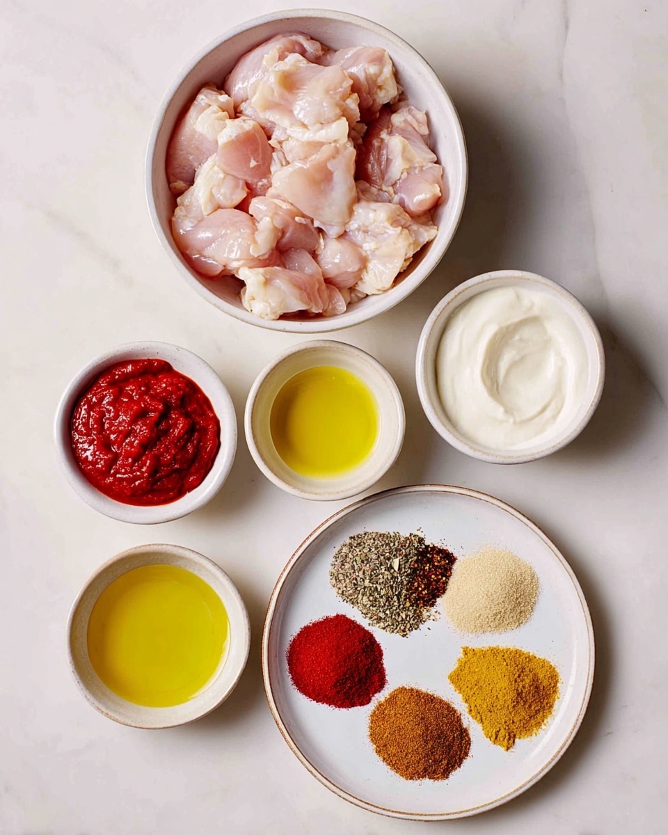 A top view shows six white bowls and plates with different ingredients on a white marbled surface. The biggest bowl at the top left is filled with light pink raw chicken pieces. To the right of it, a small white bowl contains smooth white yogurt. Below, four smaller white bowls hold bright red tomato paste, clear golden olive oil, a mix of black pepper and white salt, and pale yellow lemon juice. At the bottom right, a white plate displays eight small piles of colorful spices arranged in a circle, including shades of red, brown, yellow, and beige, with powdery and granular textures. Photo taken with an iphone --ar 4:5 --v 7