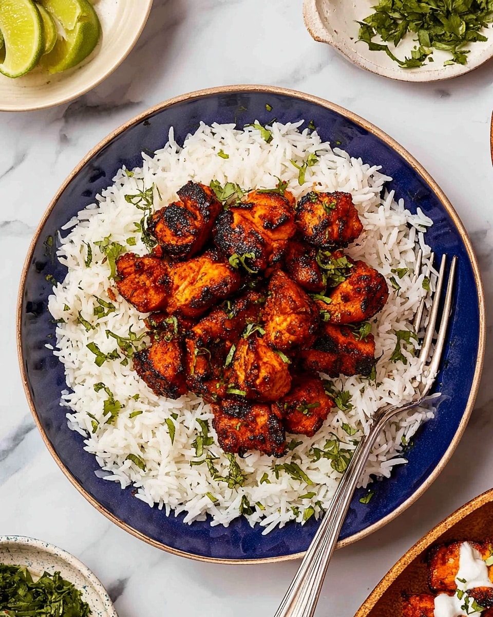 A white plate with a dark blue rim holds a serving of white rice as the bottom layer, fluffy with individual grains visible. On top of the rice, there is a layer of grilled, reddish-brown spiced chicken pieces garnished with small bits of green herbs scattered over. A silver fork rests on the right side of the plate, partially touching the rice with its prongs. The dish is placed on a white marbled surface. Nearby, there is a white cup containing lime wedges, and parts of other dishes and bowls with green herbs and white sauce are visible around the main plate. photo taken with an iphone --ar 4:5 --v 7