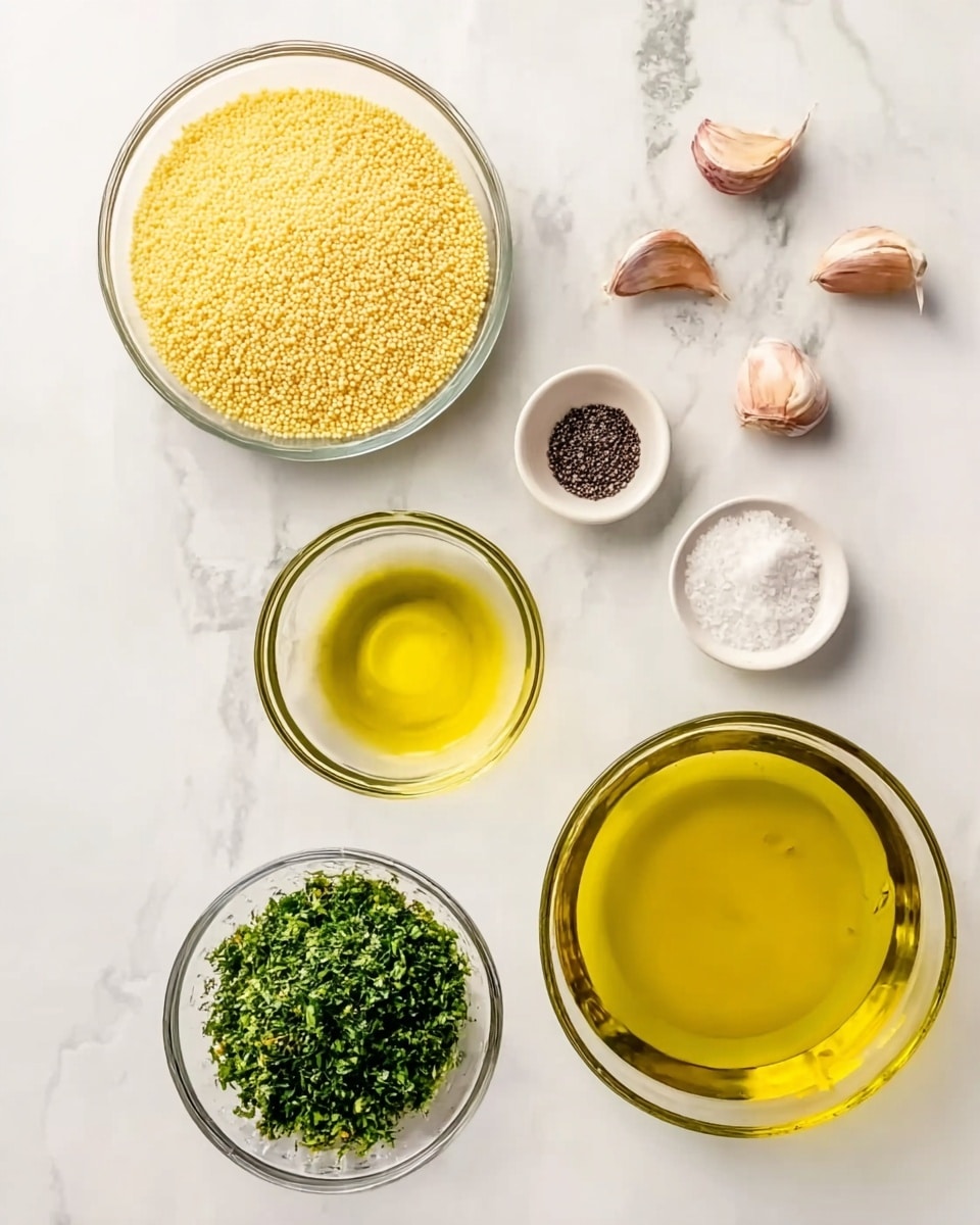 A top view of various cooking ingredients placed on a white marbled surface: a large clear bowl filled with a golden yellow liquid at the bottom right, a smaller clear bowl with olive oil at the left, a clear bowl filled with small yellow grains at the top left, a mound of finely chopped green herbs in another clear bowl to the right, a small white bowl of granules near the middle, a small dark bowl of coarse salt above it, and four garlic cloves near the top right. The arrangement is neat and spaced out evenly. Photo taken with an iphone --ar 4:5 --v 7