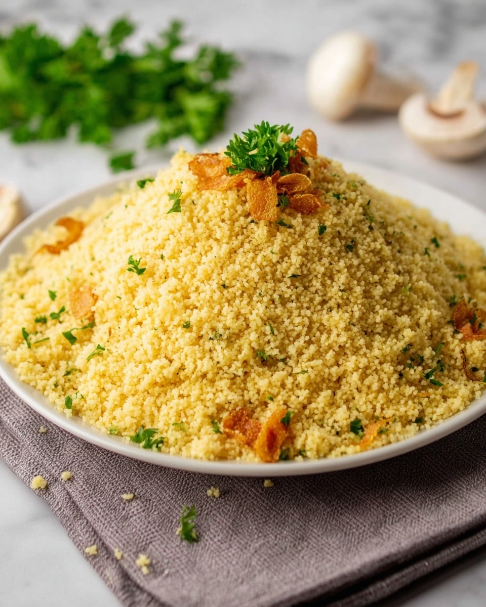 A large mound of fluffy, light yellow couscous sits piled high on a white plate, with small green parsley leaves mixed throughout for color. On top, there are crispy, thin golden brown fried pieces scattered as a garnish, and a few small sprigs of fresh parsley sit right in the center. The plate rests on a grey textured cloth, with some whole white mushrooms and green parsley blurred in the white marbled background. photo taken with an iphone --ar 4:5 --v 7