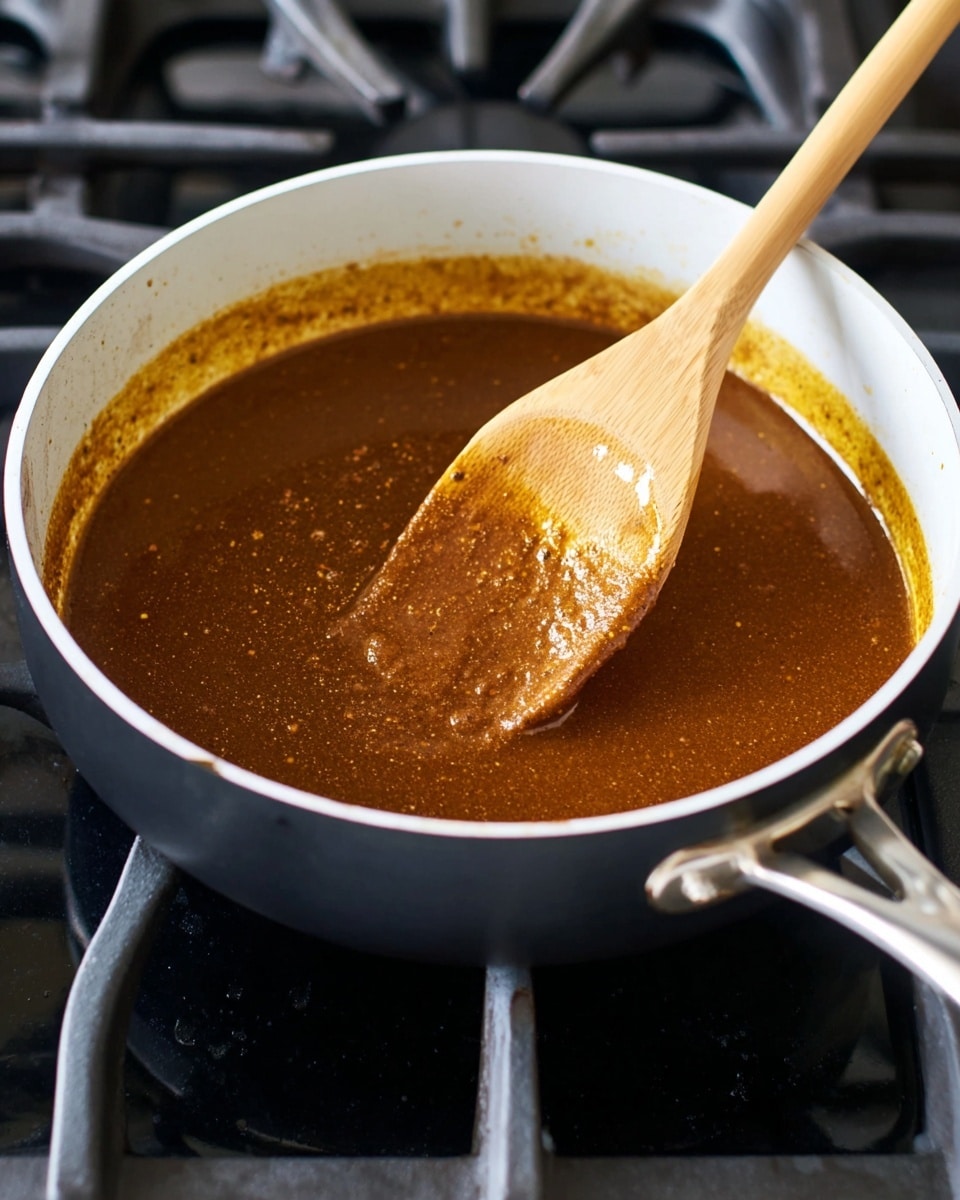 A close-up shows a black pan with a white inside sitting on a stove with a dark metal grate. Inside the pan, there is a thick brown sauce with specks and a slightly rough texture, sticking slightly to the sides. A long wooden spoon with a light color is resting inside the pan, partially covered with the sauce, and the spoon handle extends out of the pan to the right. The stove has a black surface below the pan, and the background includes parts of the gas burners. The setting is bright and focused on the pan and sauce. Photo taken with an iphone --ar 4:5 --v 7