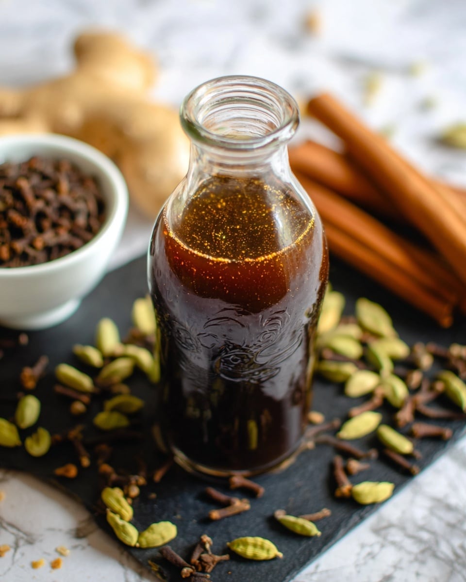 A close-up image shows a clear glass bottle filled with a dark brown liquid with tiny golden specks suspended inside. The bottle is positioned near the center of the frame on a black surface, with cinnamon sticks and light brown ginger roots blurred in the background. Around the bottle are scattered green cardamom pods and dark brown cloves, adding textured layers of small, round, and elongated shapes. On the left side, a white bowl partially filled with a dark spice is also visible. The overall scene is set on a white marbled texture surface. Photo taken with an iphone --ar 4:5 --v 7