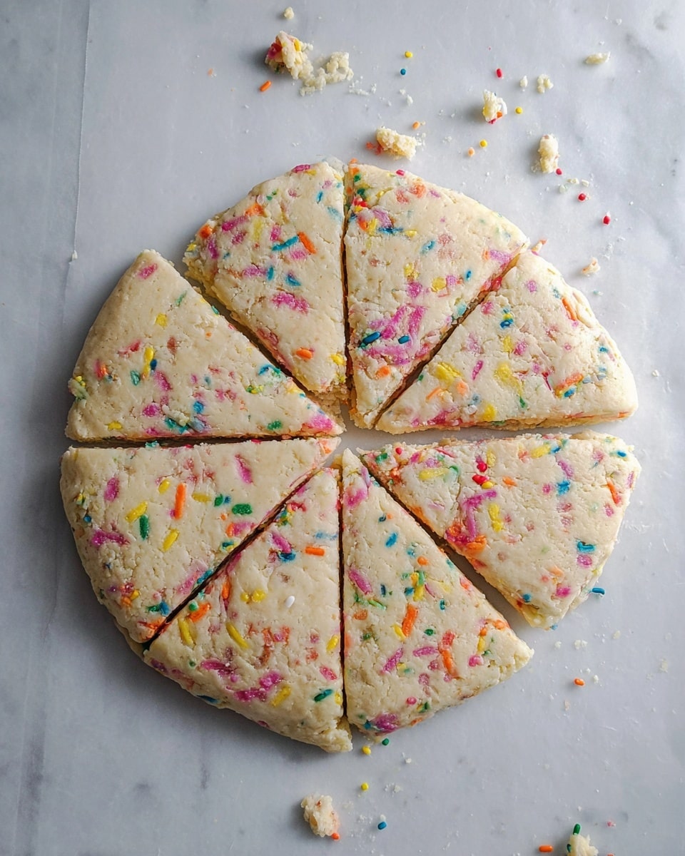 A round dough disc with a rough texture is placed on a white marbled surface, studded with colorful sprinkles in pink, yellow, orange, green, and blue. The dough is divided into eight even triangular pieces with visible cracks and uneven edges, showing a soft, crumbly texture. The sprinkles are spread evenly throughout the dough, giving a fun, festive look. Some loose bits of dough and sprinkles are scattered lightly around the disc. Photo taken with an iphone --ar 4:5 --v 7