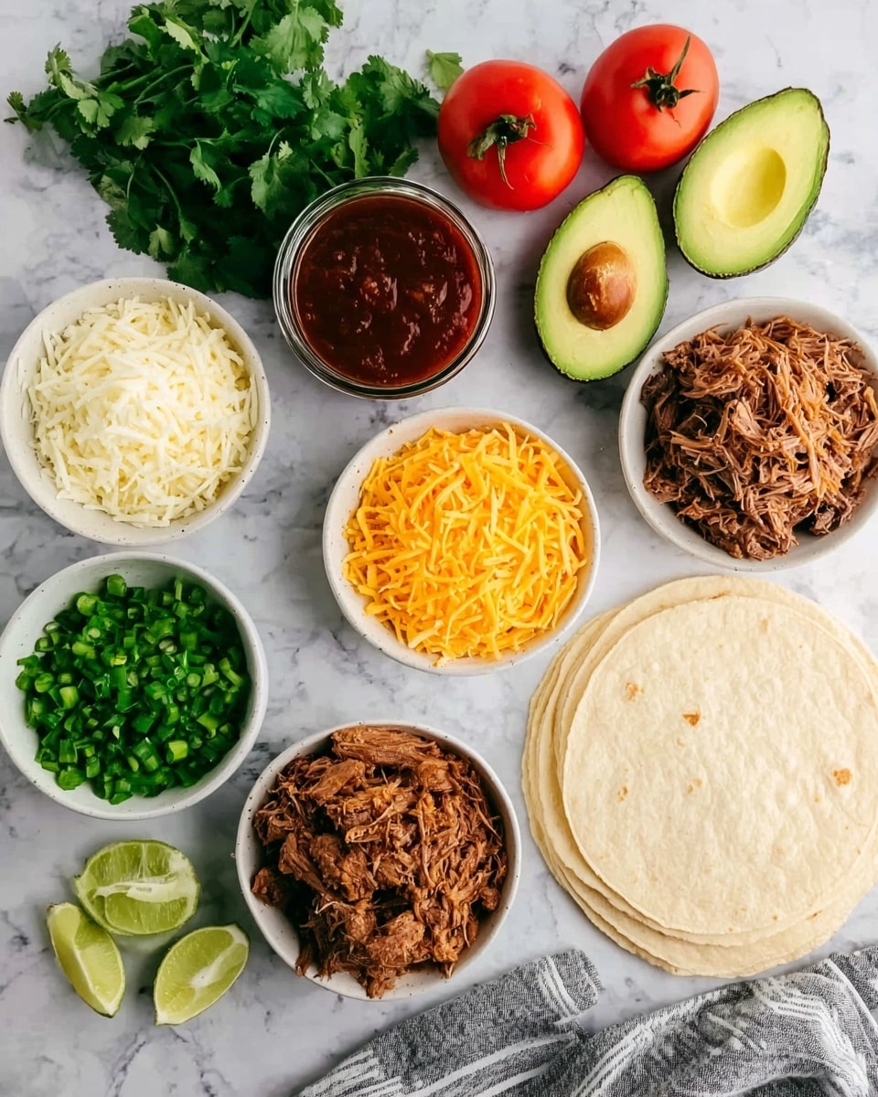 The image shows a top view of several small white bowls and round flour tortillas arranged neatly on a white marbled surface. There are three large tortillas stacked on the right side. In the bowls, shredded brown cooked meat, vibrant yellow shredded cheese, and finely chopped green onions are visible. Another bowl contains white shredded cheese. On the top left, there is a bunch of fresh green cilantro, two halves of an avocado showing the pit and green flesh, and two ripe red tomatoes. A small glass jar filled with dark red sauce is placed in the top center. Two wedges of lime are placed near the bottom left, beside a gray and white striped cloth. The overall color palette has fresh greens, warm yellows, reds, and browns against the clean white marbled background. Photo taken with an iphone --ar 4:5 --v 7