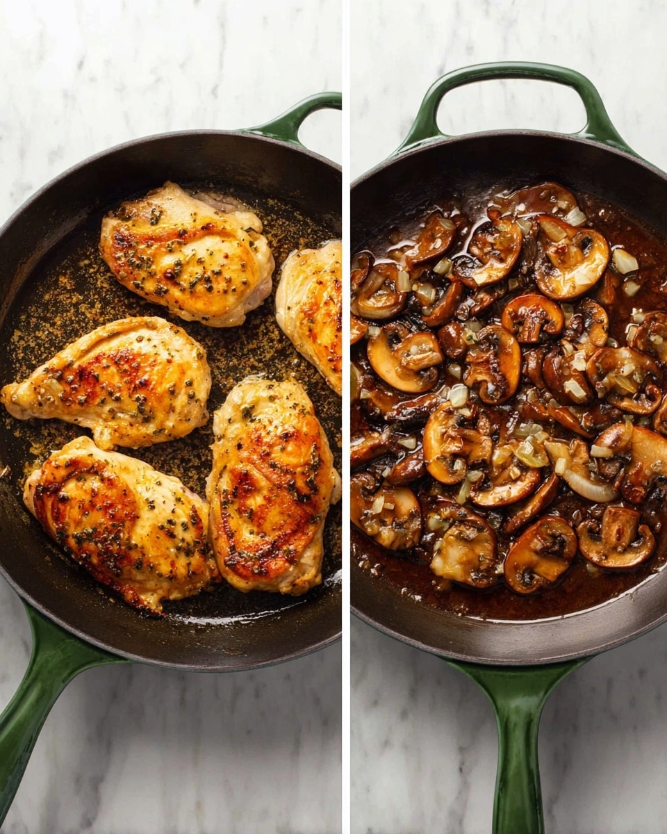 The image shows two views of a green cast iron pan on a white marbled surface. On the left, there are four pieces of golden-brown cooked chicken, each with a slightly crispy texture and some darker grill marks, arranged with two pieces at the bottom and two at the top. On the right, the same pan holds a rich mushroom sauce with sliced brown mushrooms cooked in a dark brown liquid, with finely chopped onions and small pieces of garlic visible on top, creating a glossy and thick texture. Photo taken with an iphone --ar 4:5 --v 7