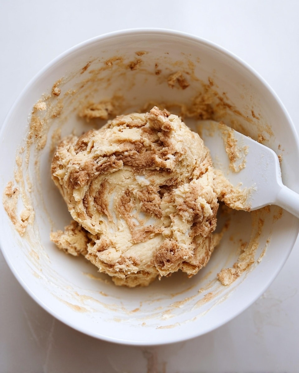 A close-up view of a white bowl containing a rough dough ball with swirls of light beige and medium brown colors, showing a soft, crumbly texture. The dough is placed slightly off center in the bowl, with some dough bits stuck along the inside edges. A white spatula with dough residue rests on the right side of the bowl, its handle extending out of frame. The bowl sits on a white marbled surface. photo taken with an iphone --ar 4:5 --v 7