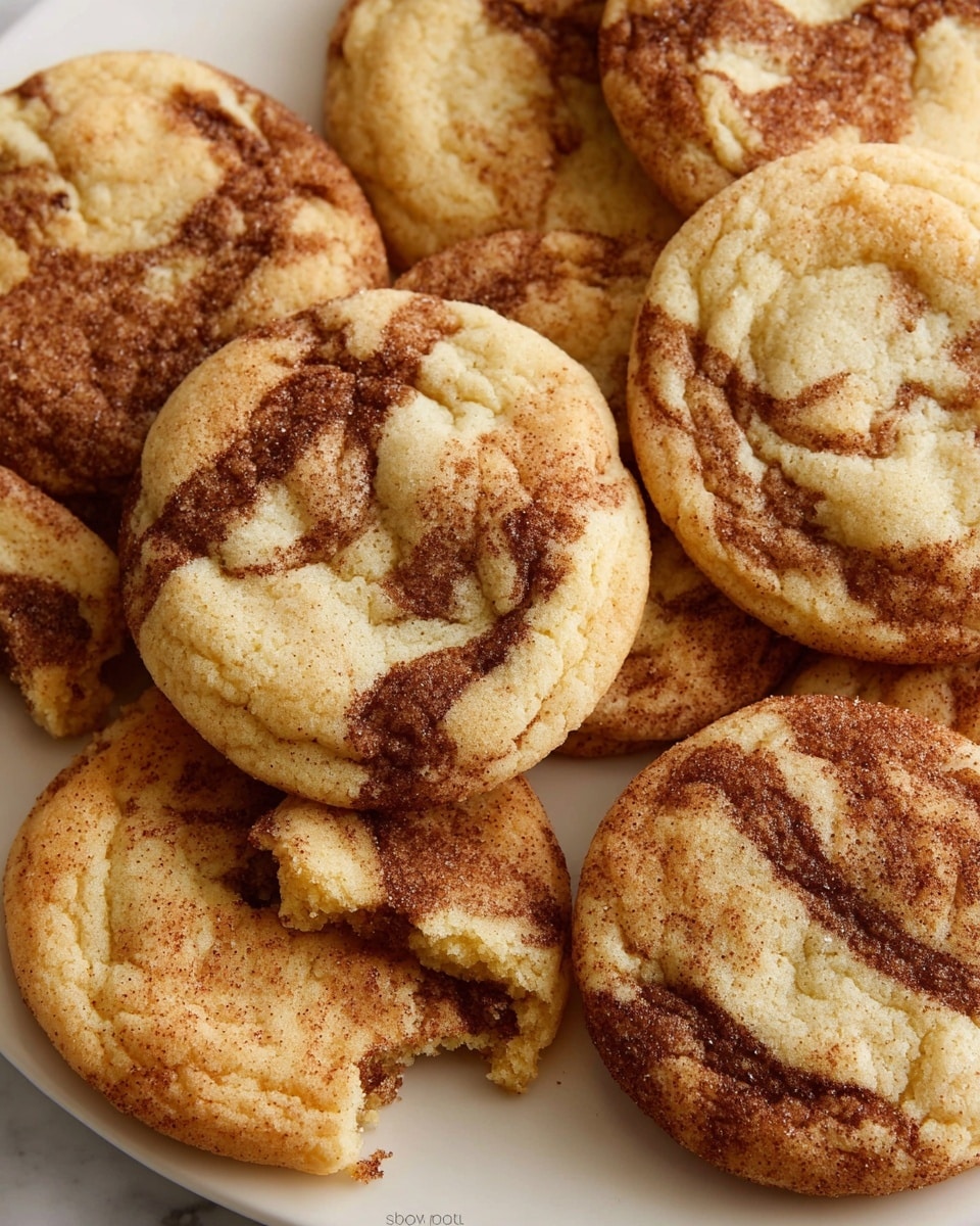 The image shows a close-up view of several soft cookies with a marbled swirl of light beige and medium brown colors. Each cookie has a slightly cracked and uneven surface texture with visible lines of brown cinnamon-like swirls running through the lighter dough base. The cookies are placed closely together on a white plate, set on a white marbled texture background. Some cookies are whole, while a few pieces are broken, showing a slightly crumbly interior. photo taken with an iphone --ar 4:5 --v 7