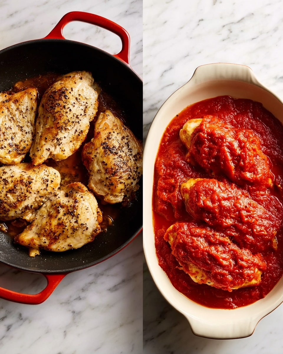 The image shows two parts: on the left, four pieces of light golden-brown cooked chicken with some black pepper on top, placed in a black pan with red handles, on a white marbled surface. On the right, four pieces of chicken covered fully with thick, bright red tomato sauce inside a white baking dish, also on a white marbled surface. The tomato sauce looks chunky and rich, spreading around the chicken evenly. photo taken with an iphone --ar 4:5 --v 7