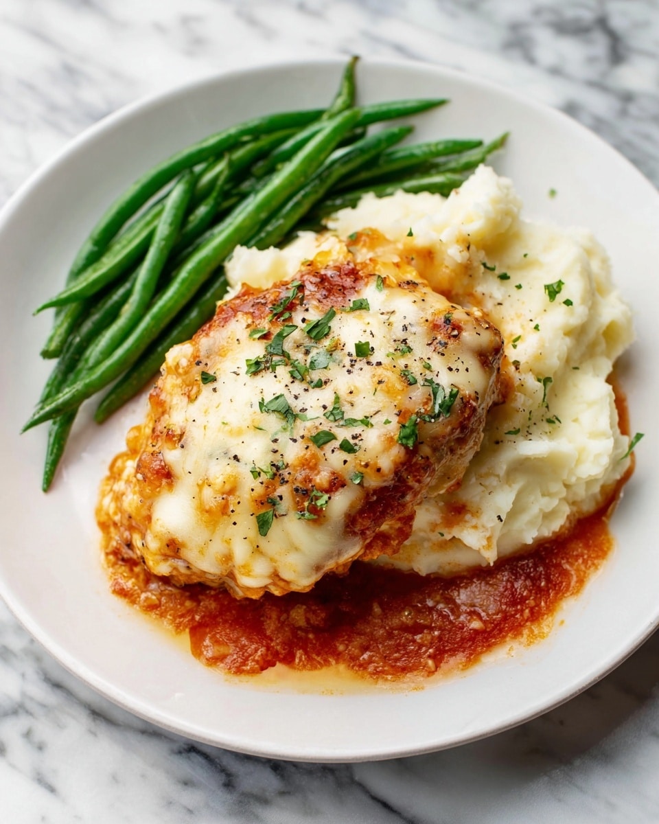 A white plate holds a serving of chicken topped with melted cream-colored cheese, sprinkled with small green herbs and black pepper. Under the chicken is a reddish-orange tomato sauce that spreads onto a bed of smooth, white mashed potatoes with a slightly rough texture. On the side of the plate, there is a small pile of bright green, long green beans with a fresh, crisp look. The plate sits on a white marbled surface. Photo taken with an iphone --ar 4:5 --v 7