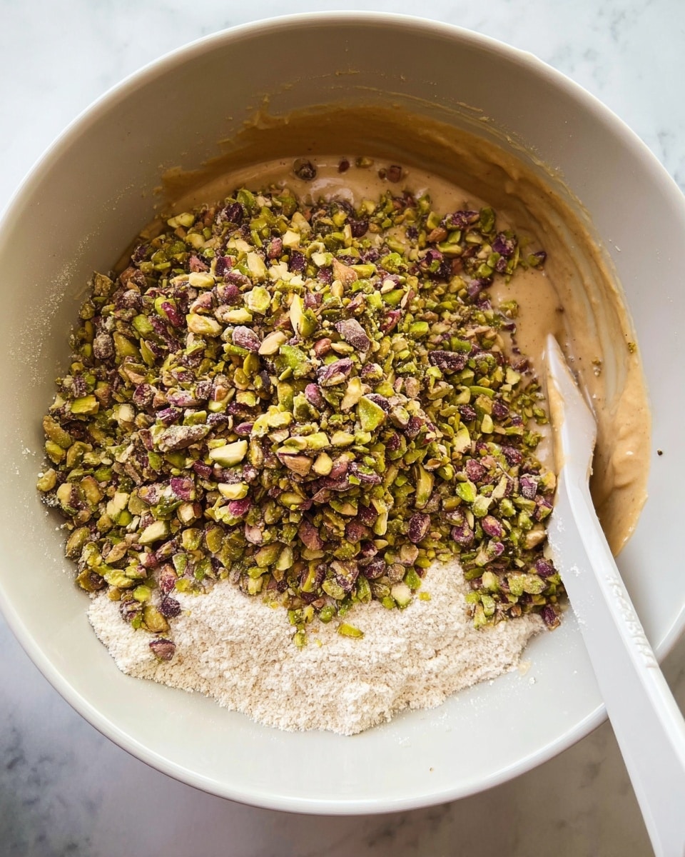 A white bowl holds a mix with three layers visible: at the bottom is a smooth light brown layer, on top of it is a mound of light beige powder, and covering most of the powder are chopped green and purple pistachio nuts. A white spatula is partially visible inside the bowl on the right side. The bowl is placed on a white marbled surface. photo taken with an iphone --ar 4:5 --v 7