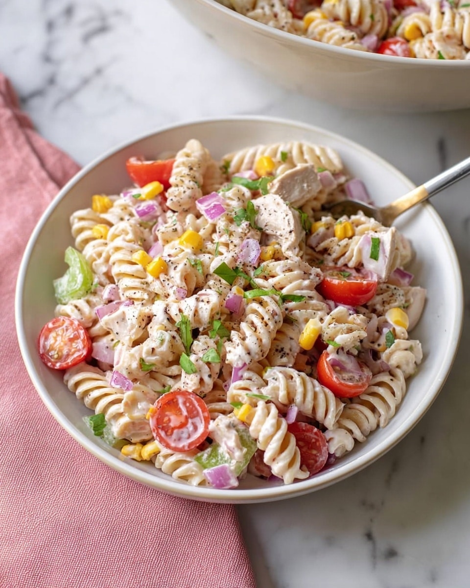 A white bowl filled with a cold pasta salad made of three spiral pasta layers with a creamy white dressing, mixed with halved bright red cherry tomatoes, small pale yellow corn kernels, chopped light green celery, small purple onion pieces, and white chunks of cooked chicken, all sprinkled with black pepper and fresh green herbs. The bowl rests on a white marbled surface with a soft pink cloth nearby. In the background, the edge of a large bowl with the same pasta salad is partly visible. Photo taken with an iphone --ar 4:5 --v 7