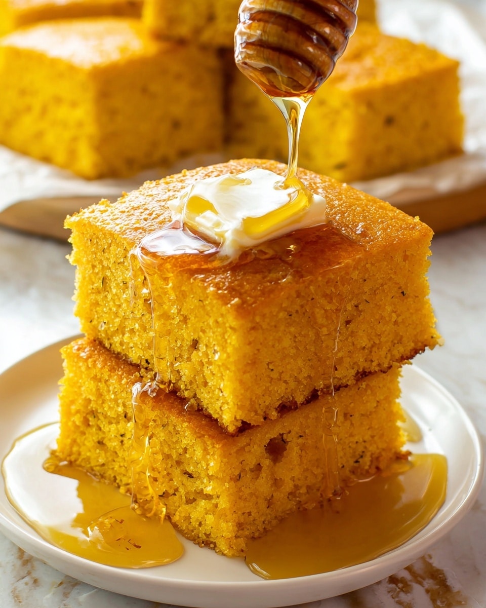 Two thick square pieces of golden cornbread stacked on a white plate, with a small square of melting butter on top of the upper piece. Golden syrup is being poured over the butter from a honey dipper, creating a shiny, sticky texture that flows down the sides of the cornbread and pools on the plate. In the background, more pieces of cornbread are visible on a white marbled surface. The colors are warm and inviting, with the soft crumb texture of the cornbread clearly visible. Photo taken with an iphone --ar 4:5 --v 7