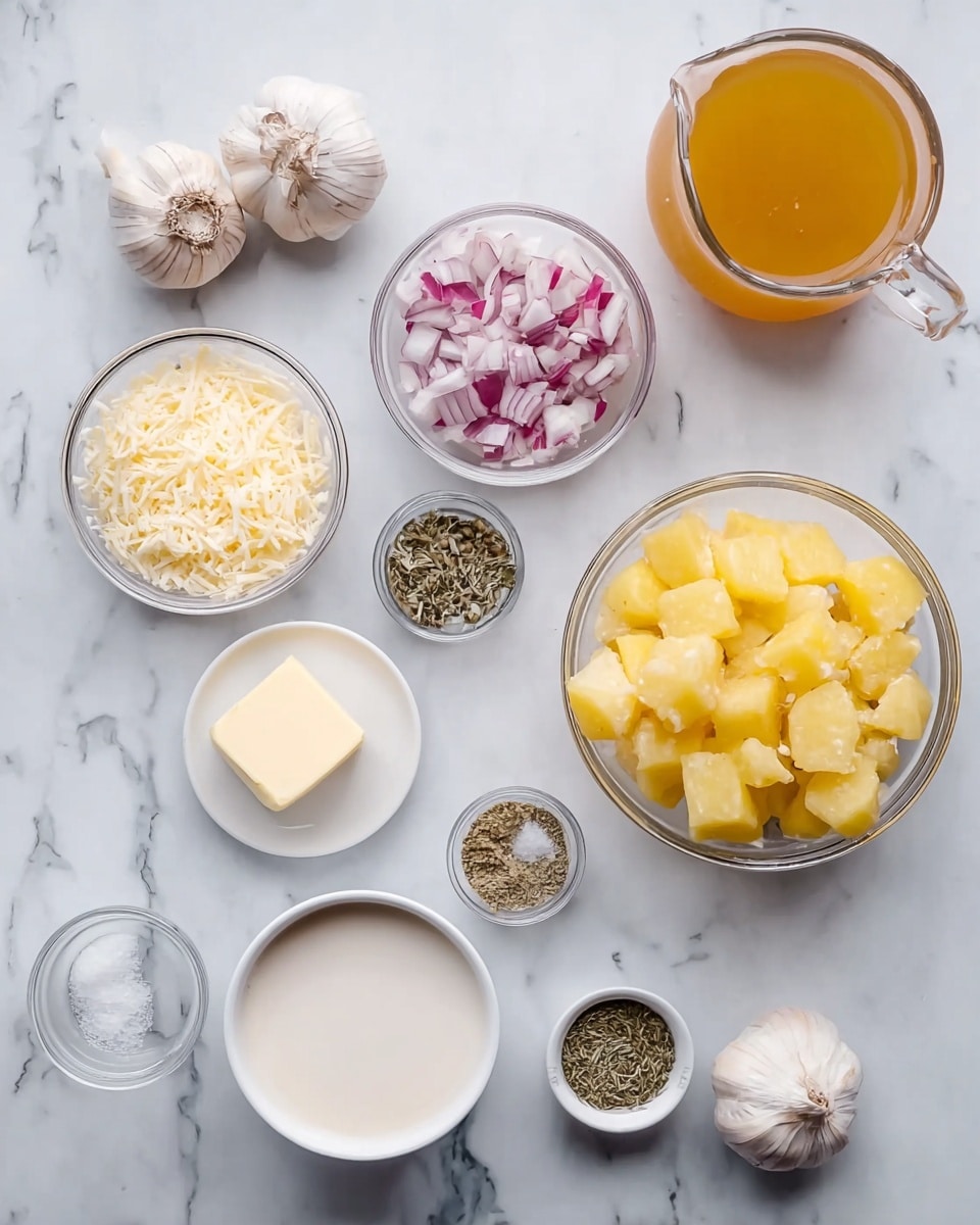The image shows several small clear glass bowls and containers arranged on a white marbled surface, each filled with different cooking ingredients. There is one bowl filled with yellow, peeled potato chunks on the right side, and a smaller bowl with chopped red onions near the center-left. On the bottom left, a bowl contains grated cheese with a light yellow color. A small cubed piece of butter is positioned near the middle of the image along with a white bowl filled with cream below it. Nearby are small dishes holding spices including salt, black pepper, and dried herbs. To the top right, there is a clear pitcher filled with golden broth. Whole garlic bulbs are placed in the top left corner. The overall arrangement is clean and organized against the bright white marble background photo taken with an iphone --ar 4:5 --v 7