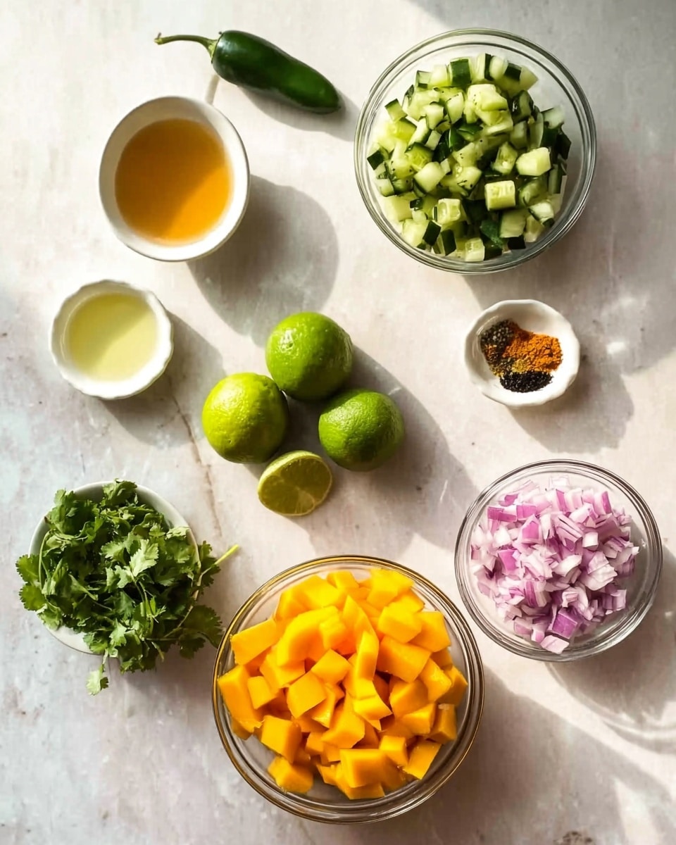 The image shows several clear glass bowls with different ingredients arranged on a white marbled surface. In the bottom front, a bowl is filled with bright orange diced mangos. To the right, another bowl contains finely chopped red onions, showing a mix of pale purple and white. Above and slightly right, a smaller bowl with chopped green cucumbers displays a fresh light green color. On the left side, there is a small white bowl with a honey-like golden liquid, nearby a small bowl filled with fresh green cilantro leaves sits close. In the center are three whole limes scattered, and near them a whole green jalapeño pepper. Another small white bowl near the center holds a pale yellow liquid, and a small white bowl with a dry mix of black, orange, and beige spices completes the arrangement. The sunlight casts soft shadows on the scene, highlighting the natural colors. Photo taken with an iphone --ar 4:5 --v 7