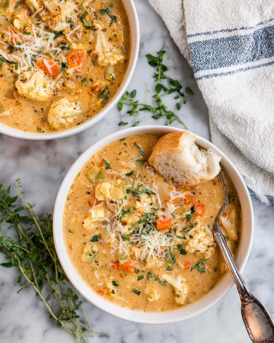 The image shows two white bowls filled with a thick, creamy soup that has a beige-orange color with visible pieces of roasted golden cauliflower, chopped carrots, and melted white cheese on top. The soup looks chunky and hearty, with small green herb leaves sprinkled over the surface for decoration. One bowl has a piece of torn bread resting on the side, and a shiny silver spoon is placed inside it. The bowls sit on a white marbled surface, accompanied by some fresh green herb sprigs and a white towel with blue stripes lying nearby. Photo taken with an iphone --ar 4:5 --v 7
