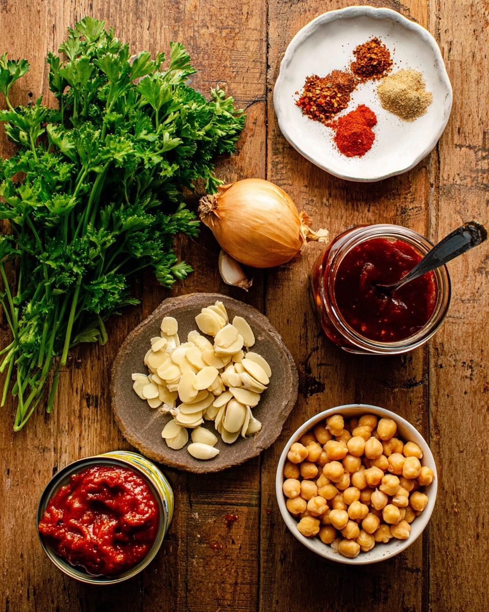The image shows an overhead view of fresh and cooked ingredients arranged on a wooden texture background. Starting from the top left, there is a bunch of green parsley with bright leafy texture, next to it is a small white plate holding three piles of spices in reddish and brown colors. Below the spices is a small white bowl filled with light cream-colored sliced almonds with a smooth texture. In the middle, there are two peeled garlic cloves with a pale yellow color and a medium-sized golden-brown onion. Next to these is a glass jar filled with dark red chili sauce, with a metal spoon inside. At the bottom left, an opened can of bright red tomato paste is visible with some paste smeared around the opening. Finally, at the bottom right, there is a small white bowl filled with plump, light tan chickpeas. photo taken with an iphone --ar 4:5 --v 7
