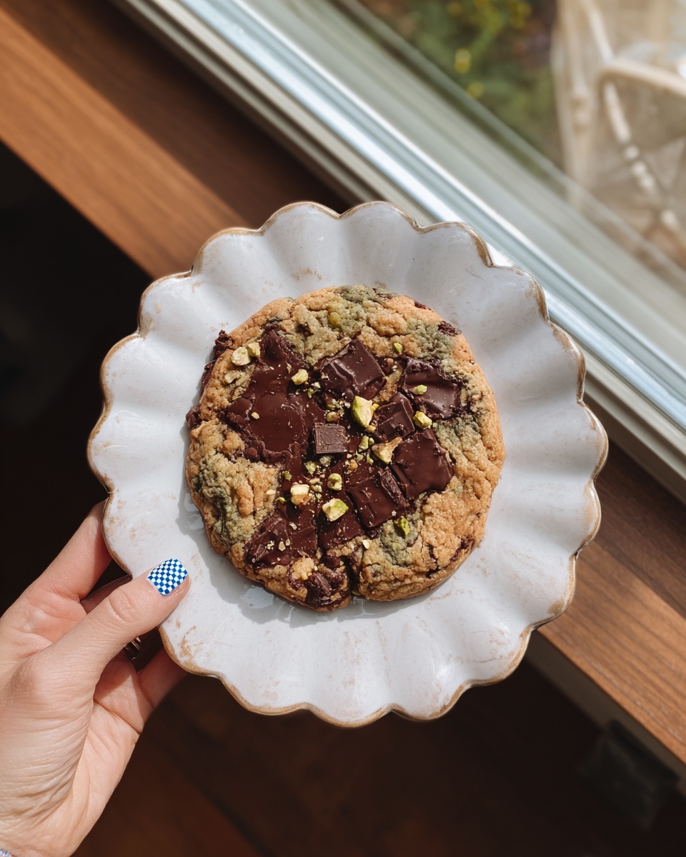 A large, round cookie sits in the center of a white scalloped plate. The cookie has a mix of light brown and dark brown colors with green patches, topped with melted dark chocolate chunks and small pieces of pistachio nuts scattered on the surface. The texture of the cookie looks soft and slightly cracked. A woman's hand with a blue and white checkered nail design is holding the edge of the plate. The scene is set on a wooden surface next to a window with blurred outdoor greenery visible. photo taken with an iphone --ar 4:5 --v 7