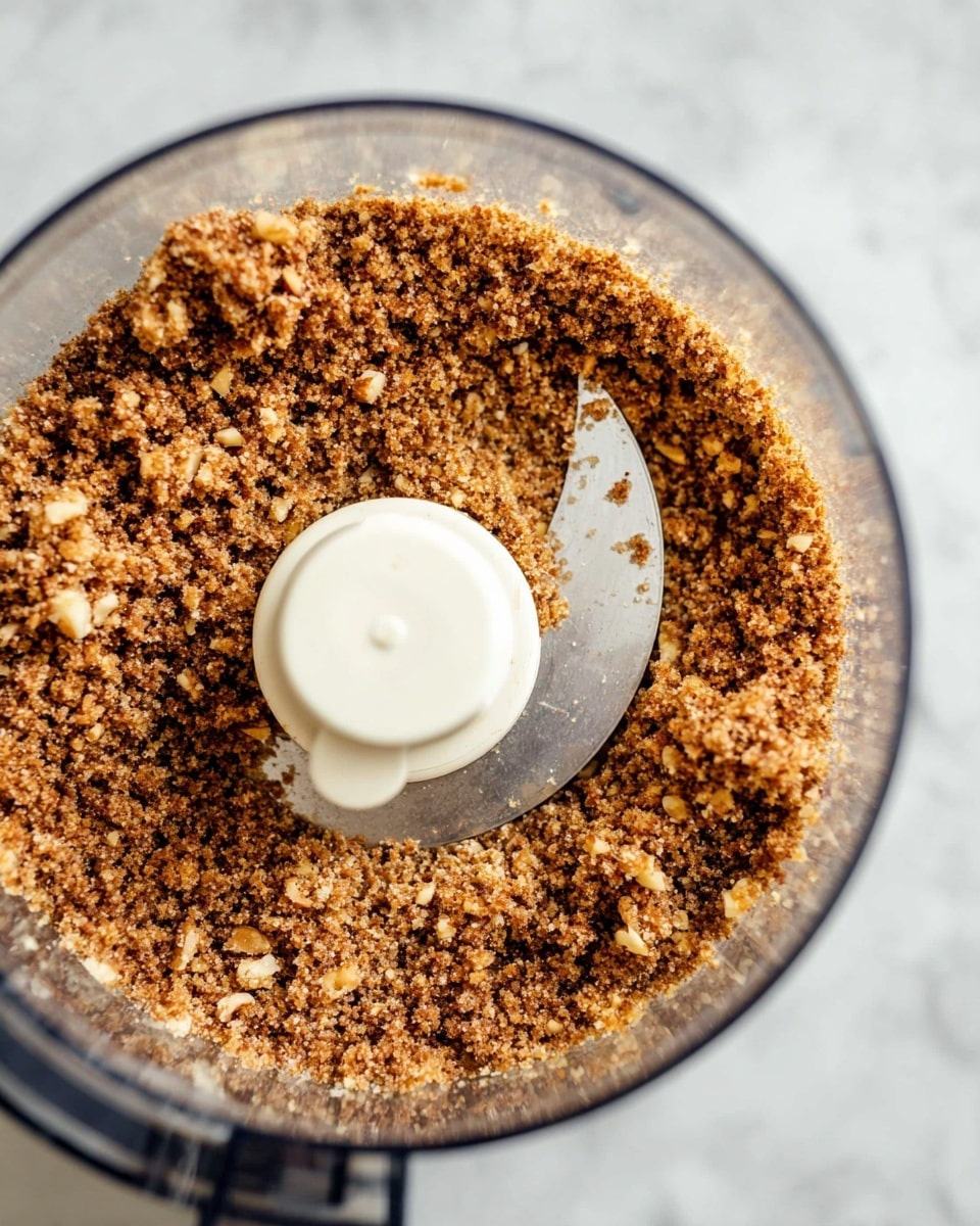 Inside a clear food processor bowl, there is one layer of finely chopped brown nuts spread evenly around the blade in the center. The nuts have a rough, crumbly texture with small pieces varying in size. The white plastic blade holder sits in the middle, slightly blurred, showing the sharp blade beneath. The food processor itself is positioned on a white marbled surface, giving a clean and bright feel to the image. Photo taken with an iphone --ar 4:5 --v 7