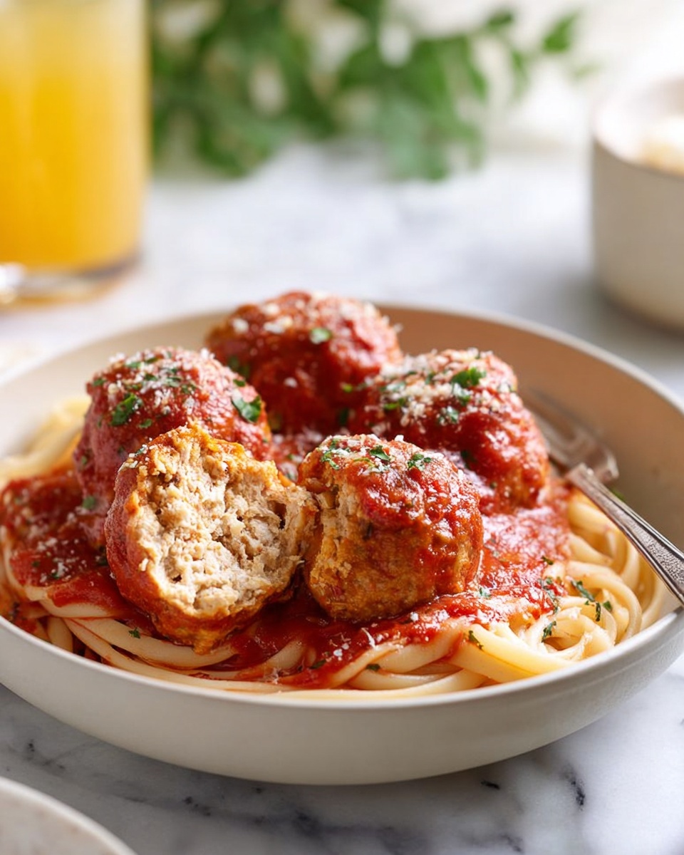 A white bowl holds a serving of spaghetti noodles, layered at the bottom with a smooth red tomato sauce that lightly coats the pasta. On top, there are three large meatballs covered in the same red sauce, sprinkled with small bits of green herbs. One meatball is cut open, showing a light, soft, and meaty inside texture. A fork rests against the side of the bowl, partially lifting the open meatball. The background has a soft focus with a yellow drink in a white cup and a blurred green plant on a white marbled surface. photo taken with an iphone --ar 4:5 --v 7