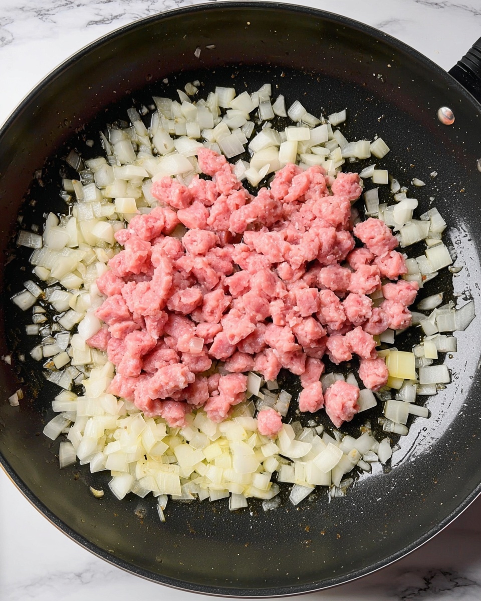 A black pan filled with chopped white onions spread evenly around the outer edges, and a pile of small pink sausage pieces placed in the center, all cooking in a bit of oil. The pan has a shiny surface reflecting light, and the background shows a white marbled texture partially visible at the pan's edge. The ingredients look fresh and raw, ready to be cooked. photo taken with an iphone --ar 4:5 --v 7