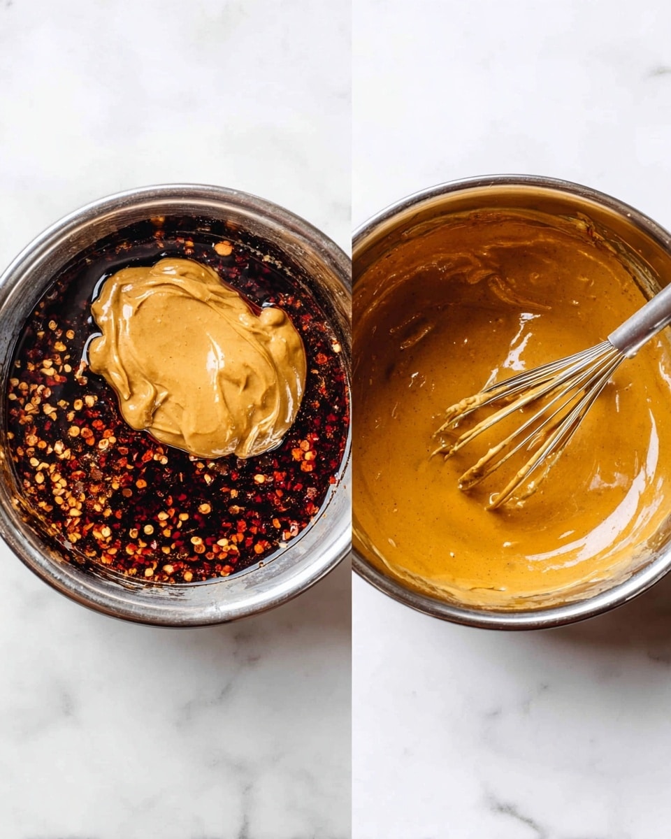 The image shows two metal bowls on a white marbled surface. The left bowl has a dark reddish-brown sauce filled about three-quarters, with specks of chili flakes scattered on top. In the middle of the sauce is a large dollop of thick, creamy light brown peanut butter. The right bowl contains a smooth, thick, golden-brown sauce being stirred with a metal whisk, the surface shiny and even. Both bowls have a shiny metal finish. photo taken with an iphone --ar 4:5 --v 7
