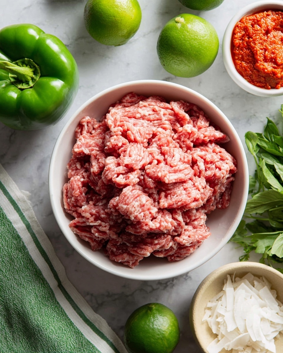 A white bowl filled with raw ground meat, textured and pinkish red, sits in the center of the image. Surrounding the bowl are fresh green limes with a shiny surface, a large green bell pepper with a smooth texture, a small beige bowl with a bright red paste, shredded white coconut in a small bowl, and some fresh green herbs with broad leaves. The items rest on a white marbled surface, with a green and white striped cloth partially visible near the bottom left. Photo taken with an iphone --ar 4:5 --v 7