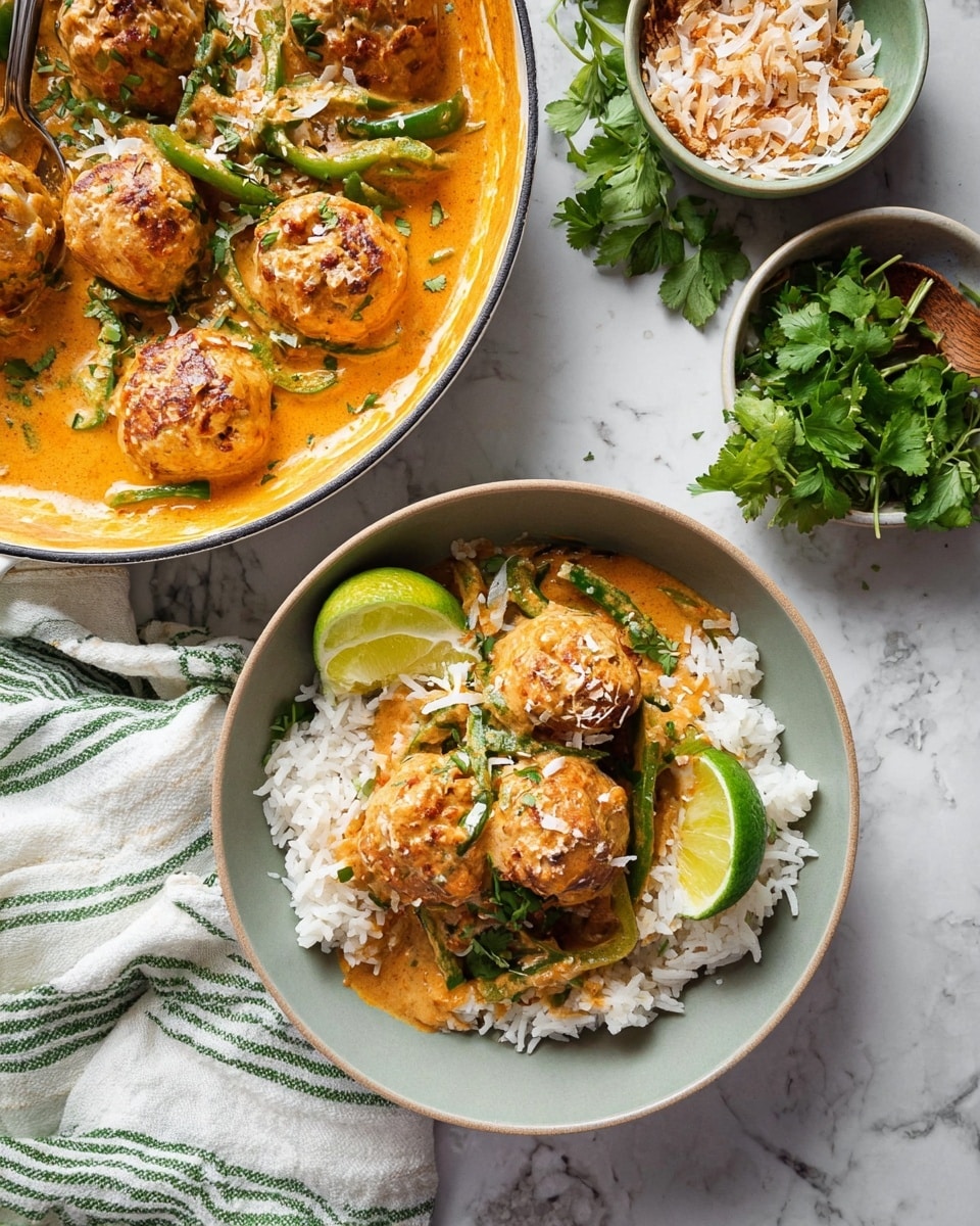 A light gray bowl holds a base layer of white rice topped with three light brown meatballs, pieces of sliced green bell pepper, and some green fresh herbs. The meatballs and vegetables are coated with a creamy orange sauce and sprinkled with white toasted coconut flakes. A wedge of green lime rests on the edge of the bowl. Nearby, a white enamel pan filled with more meatballs covered in the same orange sauce with green peppers and herbs is partly visible on a white marbled surface. A small light green bowl with toasted coconut sits beside fresh green cilantro and a whole lime. A white and green striped cloth is placed at the bottom. Photo taken with an iphone --ar 4:5 --v 7