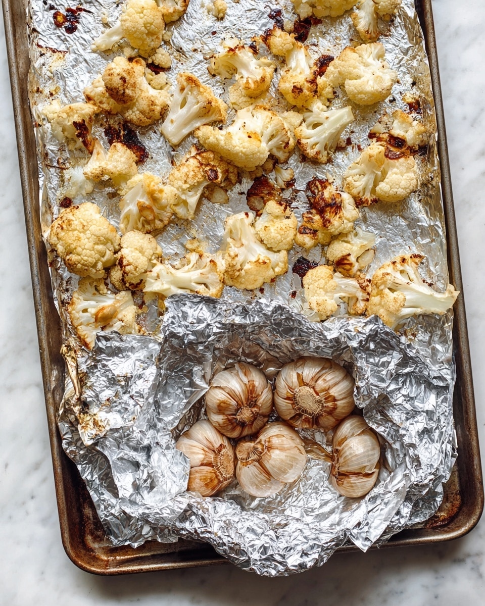 The image shows a baking tray lined with wrinkled aluminum foil on a white marbled surface. The tray holds roasted cauliflower pieces scattered on the top part, showing light golden to browned edges with some crispy char marks. At the bottom center, there are four bulbs of roasted garlic, slightly brown and soft-looking, still in their papery skin, arranged inside a crumpled piece of aluminum foil. Photo taken with an iphone --ar 4:5 --v 7