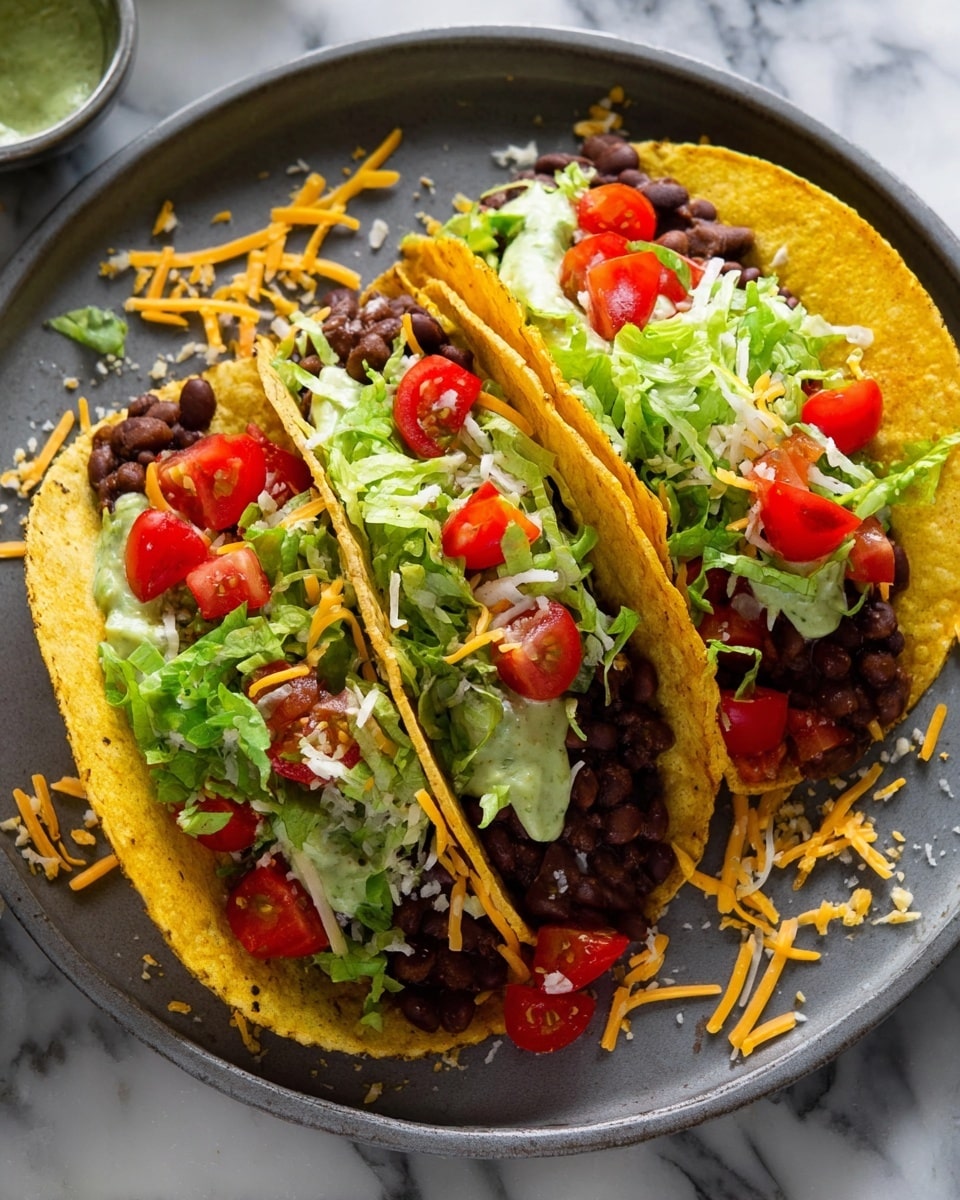 Two tacos on a round gray plate with a white marbled surface underneath. Each taco has a yellow corn shell as the base, filled first with dark brown cooked beans. On top of the beans is a light green creamy sauce, followed by fresh green torn lettuce pieces. The final layers have small red cherry tomato halves and diced red tomato chunks mixed with shredded yellow and white cheese sprinkled over everything. Some cheese is scattered on the plate around the tacos. Photo taken with an iphone --ar 4:5 --v 7