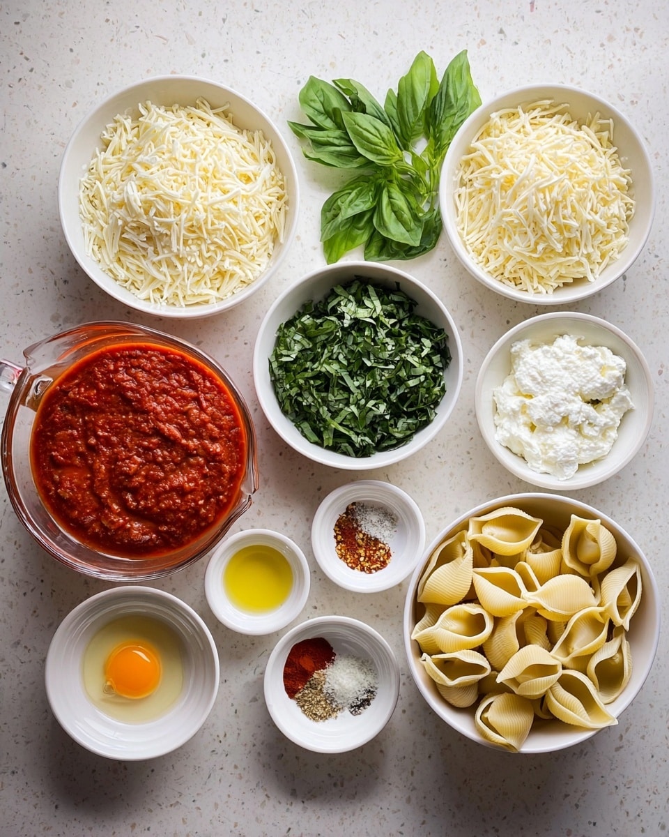 The image shows ingredients for a pasta dish laid out on a white marbled surface. There are twelve small white bowls arranged neatly: shredded mozzarella cheese is in a large bowl in the center top, shredded Parmesan cheese in a smaller bowl to the top left, chopped fresh basil leaves in a large bowl below the mozzarella, and uncooked large pasta shells in a medium bowl to the far right. A clear glass measuring cup filled with red tomato sauce is on the bottom left. There are also smaller bowls containing ricotta cheese, an egg yolk, olive oil, chopped garlic, crushed red pepper flakes, dried Italian seasoning, and salt and black pepper. Fresh basil leaves are placed at the top center of the arrangement. photo taken with an iphone --ar 4:5 --v 7